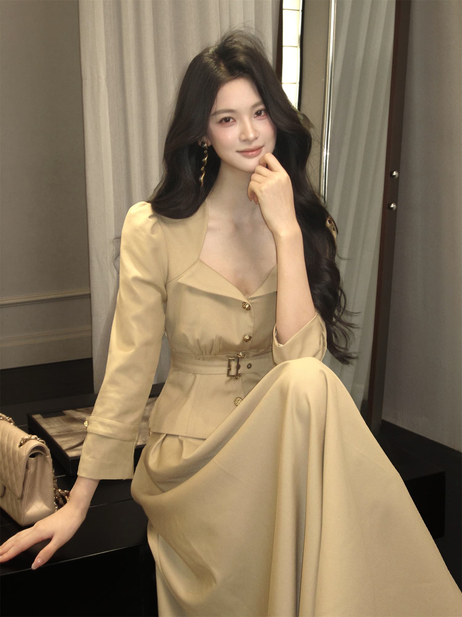 하나부터 순간 첸 와일드 레트로 스타일 Chic 폴로 칼라 허리 수축 짧은 외투 하이웨이스트 큰 진자 반 스커트 품격 세트 상세 이미지 14