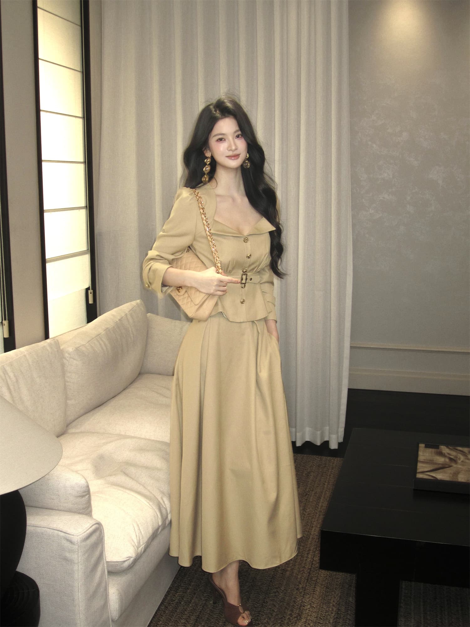 하나부터 순간 첸 와일드 레트로 스타일 Chic 폴로 칼라 허리 수축 짧은 외투 하이웨이스트 큰 진자 반 스커트 품격 세트 상세 이미지 17