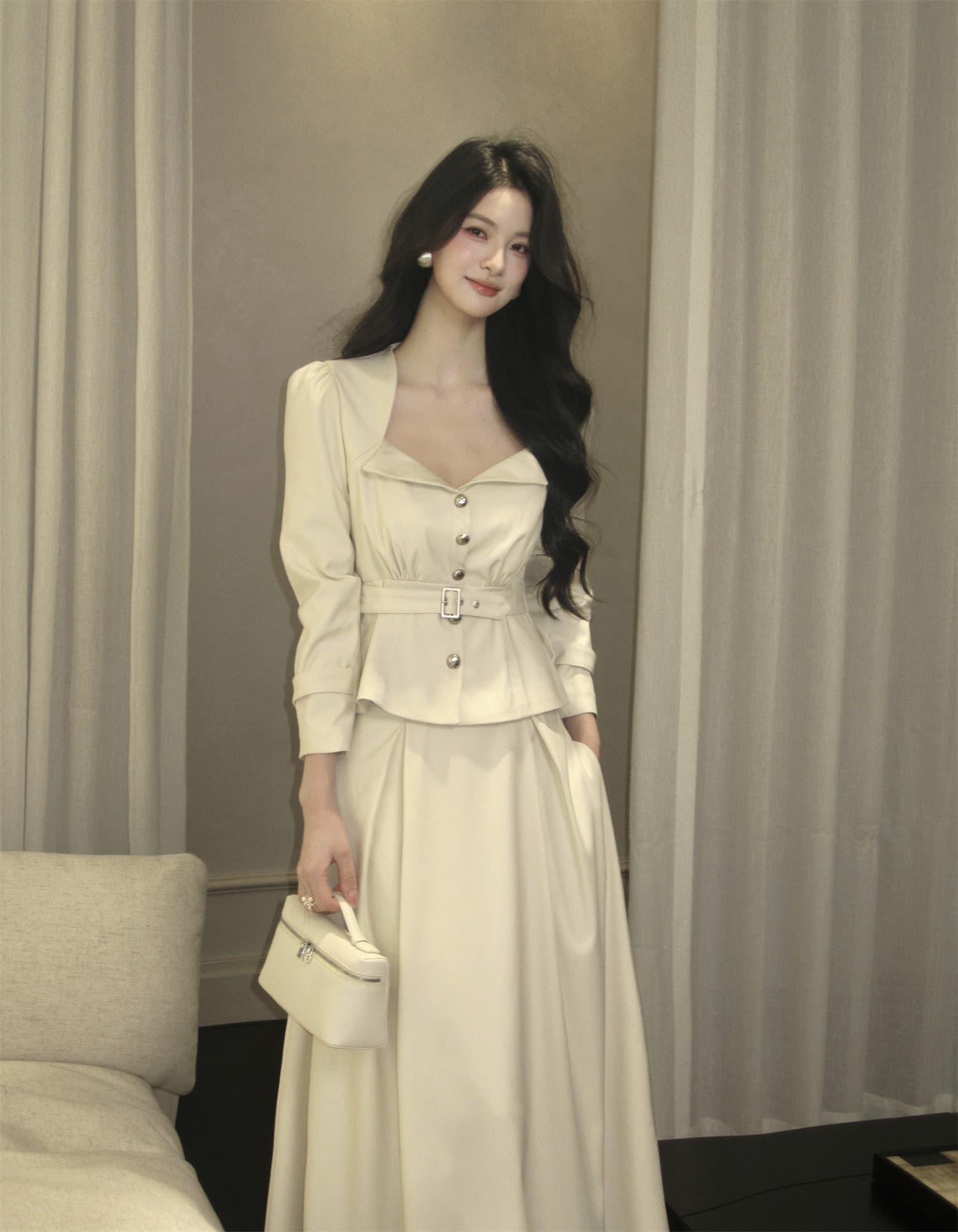 하나부터 순간 첸 와일드 레트로 스타일 Chic 폴로 칼라 허리 수축 짧은 외투 하이웨이스트 큰 진자 반 스커트 품격 세트 상세 이미지 21