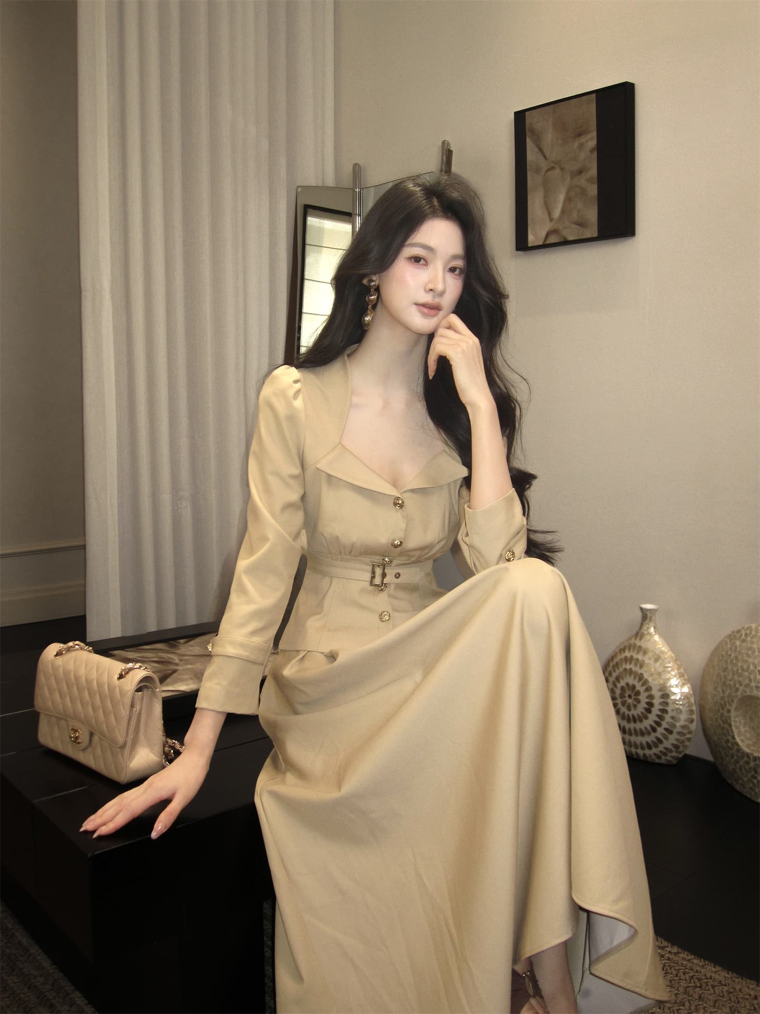 하나부터 순간 첸 와일드 레트로 스타일 Chic 폴로 칼라 허리 수축 짧은 외투 하이웨이스트 큰 진자 반 스커트 품격 세트 상세 이미지 23