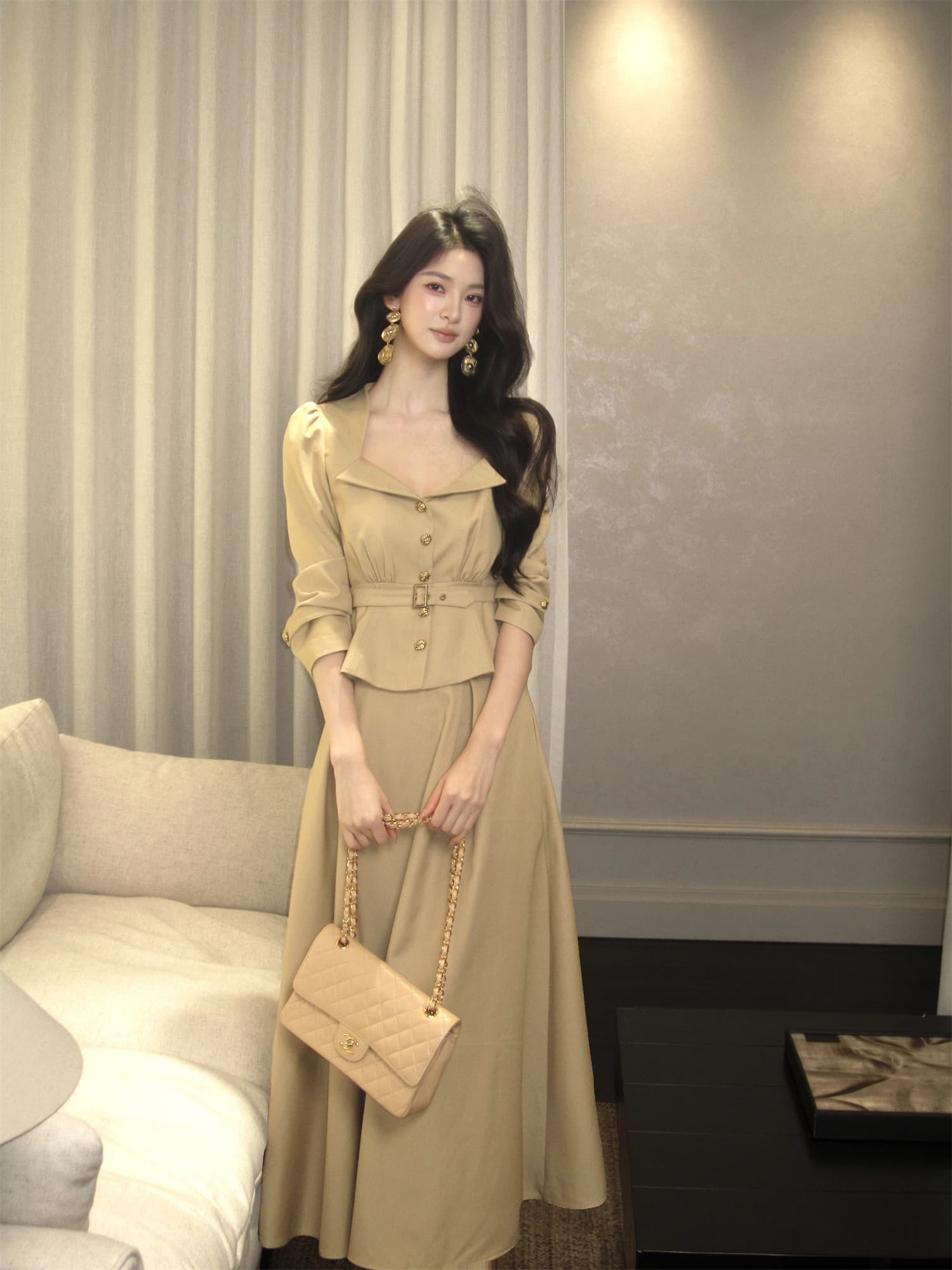 하나부터 순간 첸 와일드 레트로 스타일 Chic 폴로 칼라 허리 수축 짧은 외투 하이웨이스트 큰 진자 반 스커트 품격 세트 상세 이미지 24