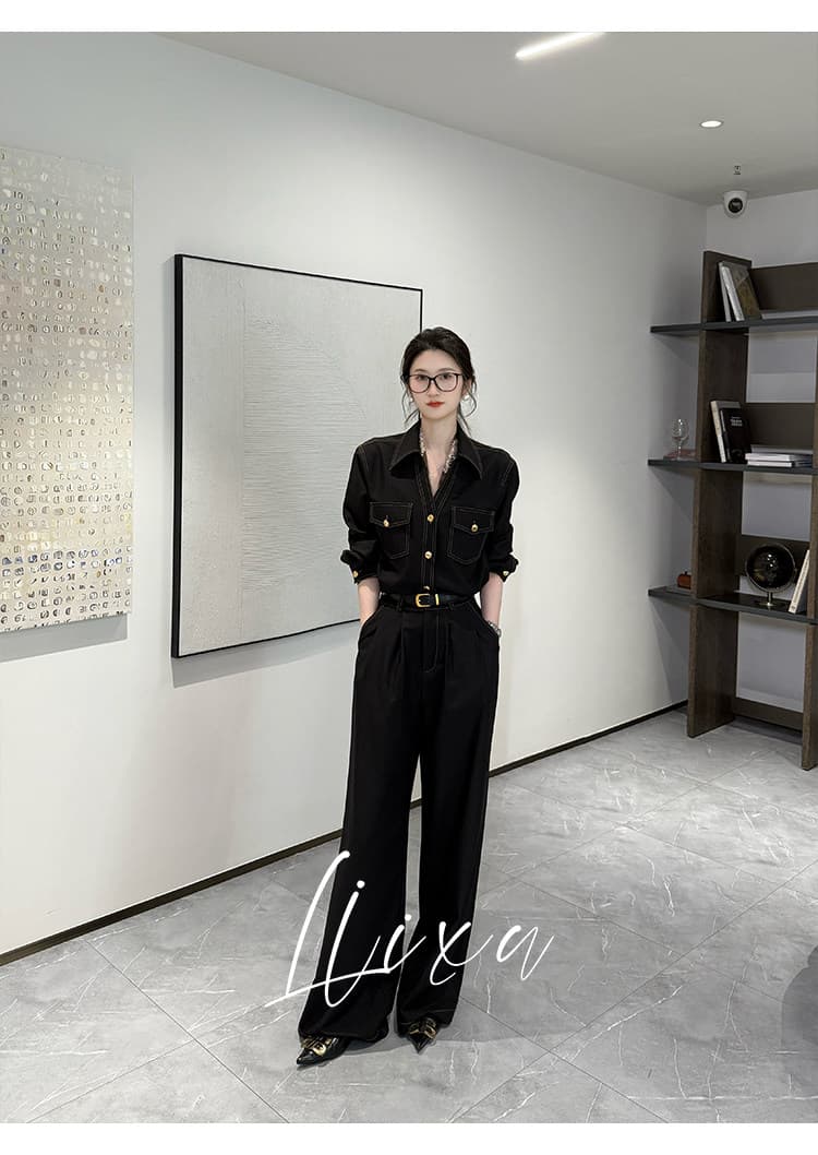 liixu 품격 레트로 데님 셔츠 넓은 다리 길이 바지 세트 여성 새로운 고급 센스 셔츠 바지 투피스 세트 상세 이미지 10