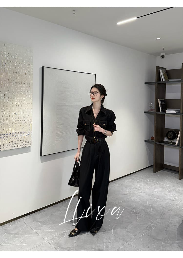 liixu 품격 레트로 데님 셔츠 넓은 다리 길이 바지 세트 여성 새로운 고급 센스 셔츠 바지 투피스 세트 상세 이미지 12
