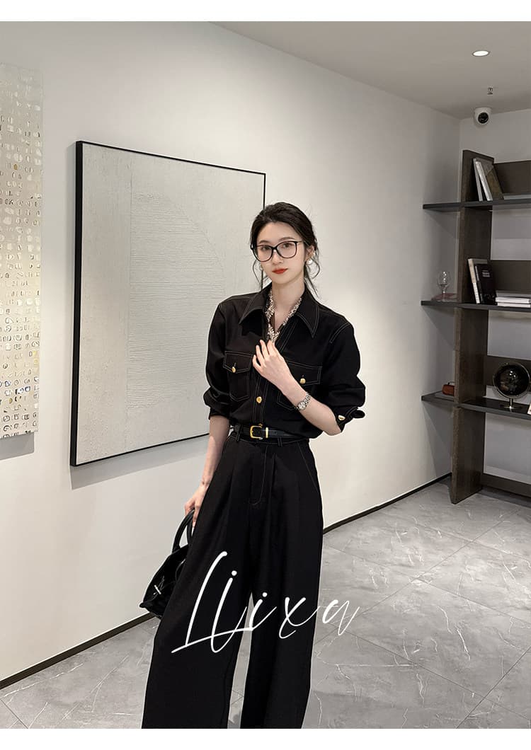 liixu 품격 레트로 데님 셔츠 넓은 다리 길이 바지 세트 여성 새로운 고급 센스 셔츠 바지 투피스 세트 상세 이미지 14