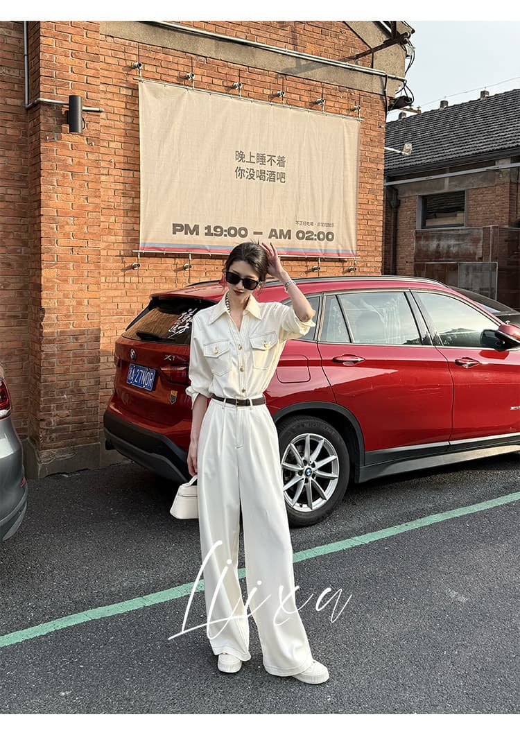 liixu 품격 레트로 데님 셔츠 넓은 다리 길이 바지 세트 여성 새로운 고급 센스 셔츠 바지 투피스 세트 상세 이미지 16