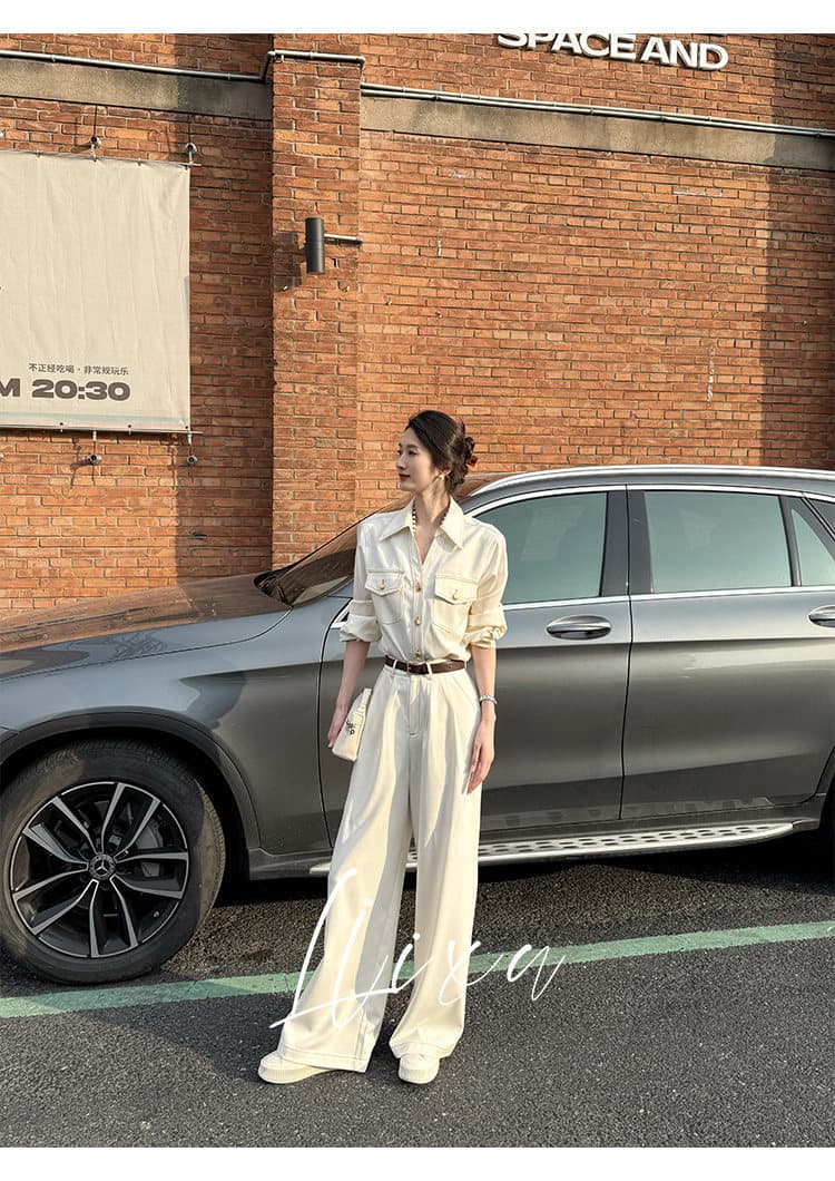 liixu 품격 레트로 데님 셔츠 넓은 다리 길이 바지 세트 여성 새로운 고급 센스 셔츠 바지 투피스 세트 상세 이미지 17