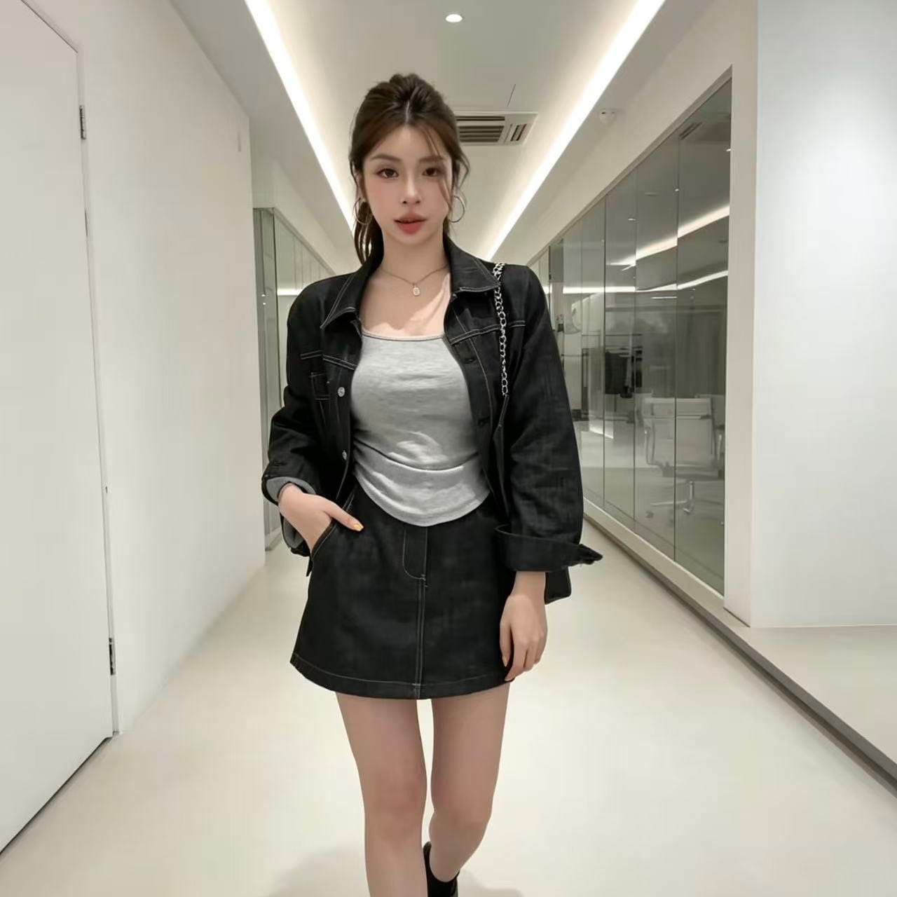 한 부서 느긋한 바람 데님 세트 드레스 여성 2026 이른 가을 새로운 레트로 캐주얼 재킷 하이웨이스트 미니 스커트 투피스 세트 이미지 4