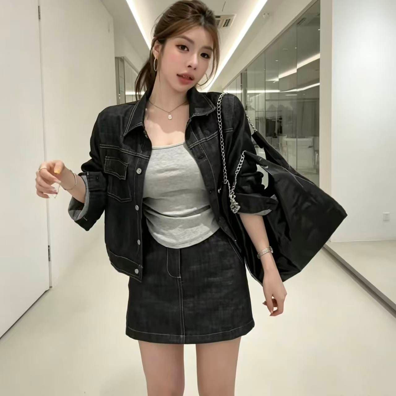 한 부서 느긋한 바람 데님 세트 드레스 여성 2026 이른 가을 새로운 레트로 캐주얼 재킷 하이웨이스트 미니 스커트 투피스 세트 이미지 5