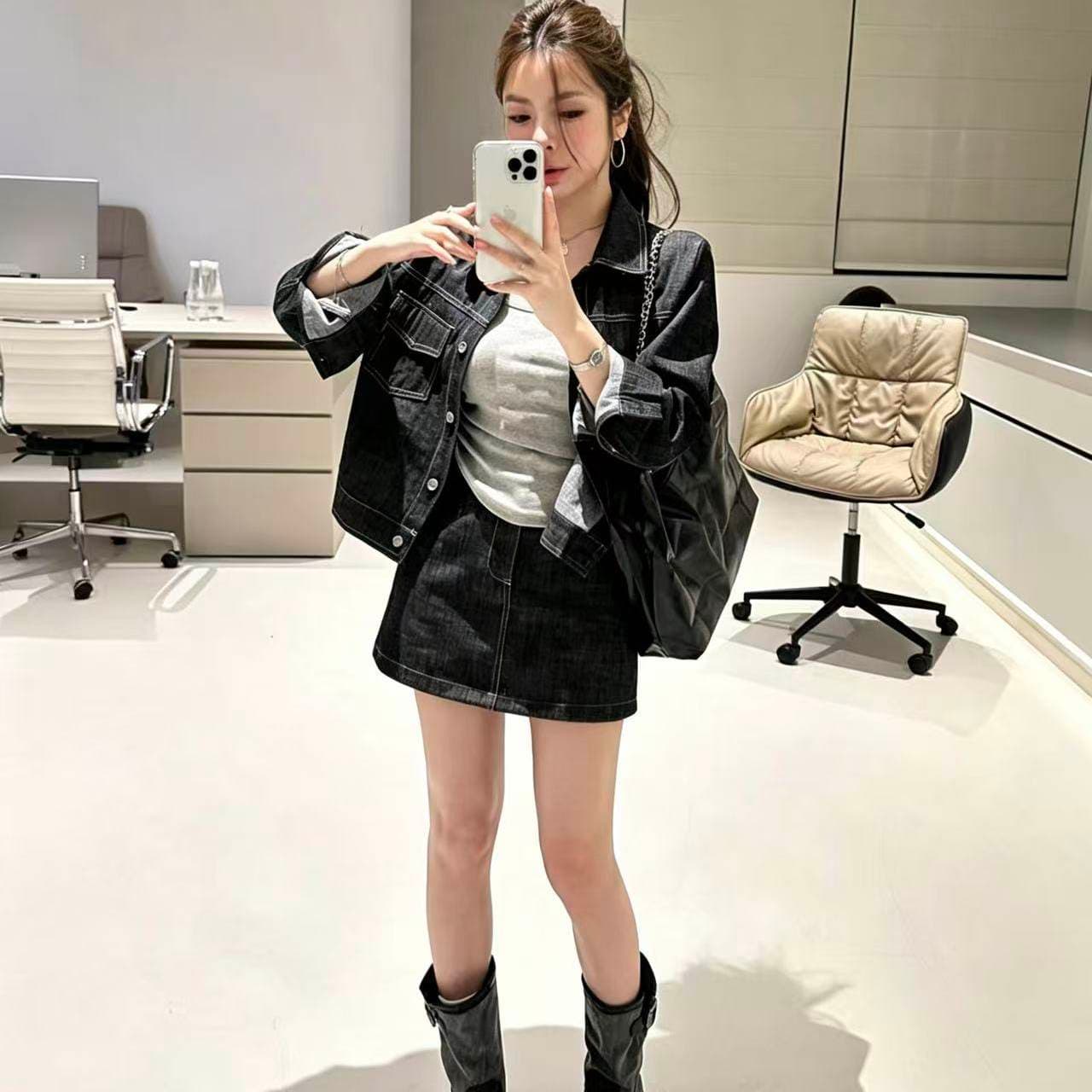 한 부서 느긋한 바람 데님 세트 드레스 여성 2026 이른 가을 새로운 레트로 캐주얼 재킷 하이웨이스트 미니 스커트 투피스 세트 이미지 6