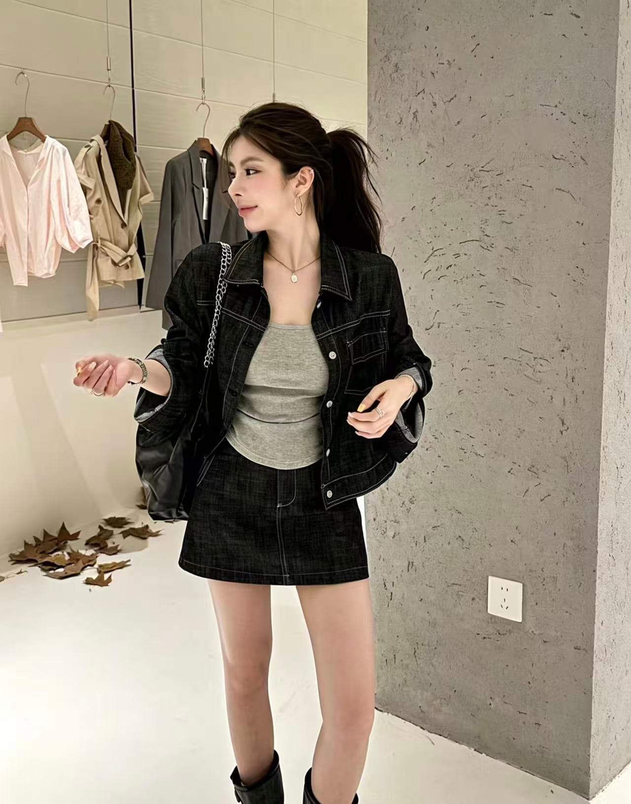 한 부서 느긋한 바람 데님 세트 드레스 여성 2026 이른 가을 새로운 레트로 캐주얼 재킷 하이웨이스트 미니 스커트 투피스 세트 상세 이미지 2