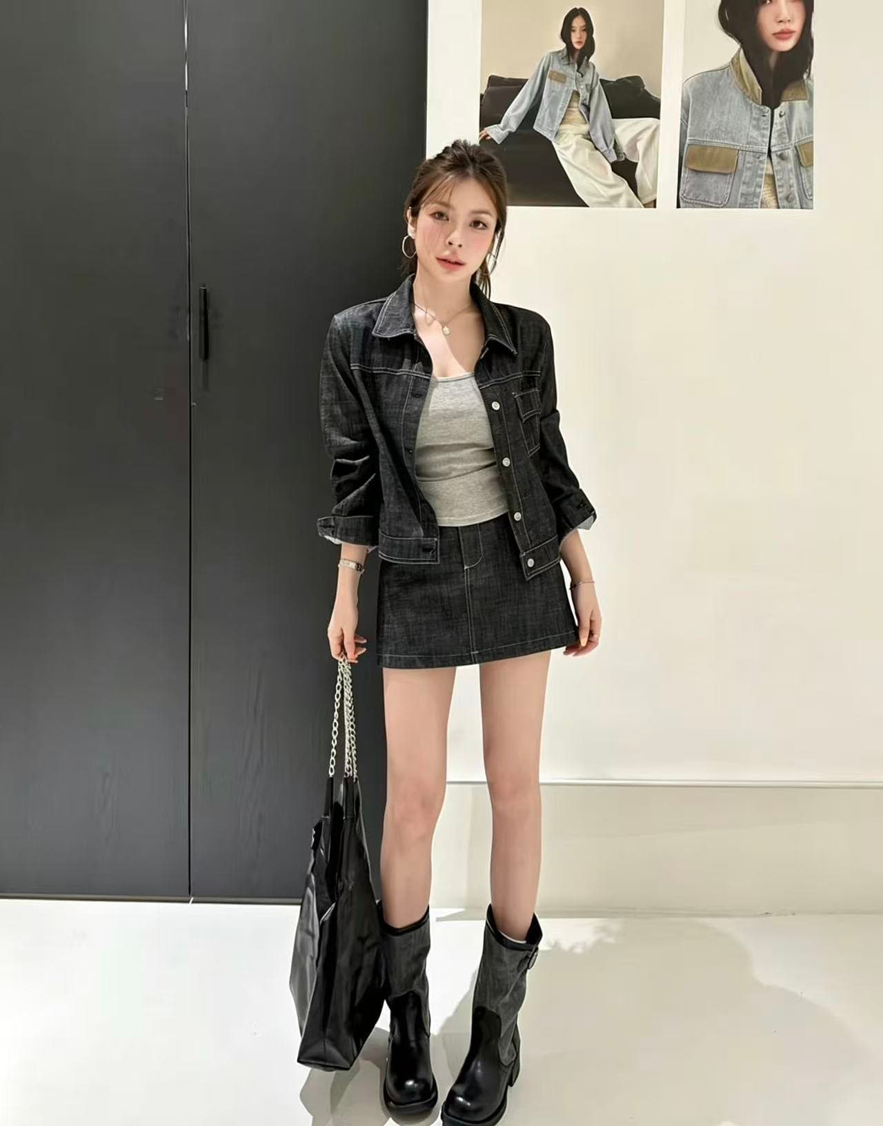한 부서 느긋한 바람 데님 세트 드레스 여성 2026 이른 가을 새로운 레트로 캐주얼 재킷 하이웨이스트 미니 스커트 투피스 세트 상세 이미지 5