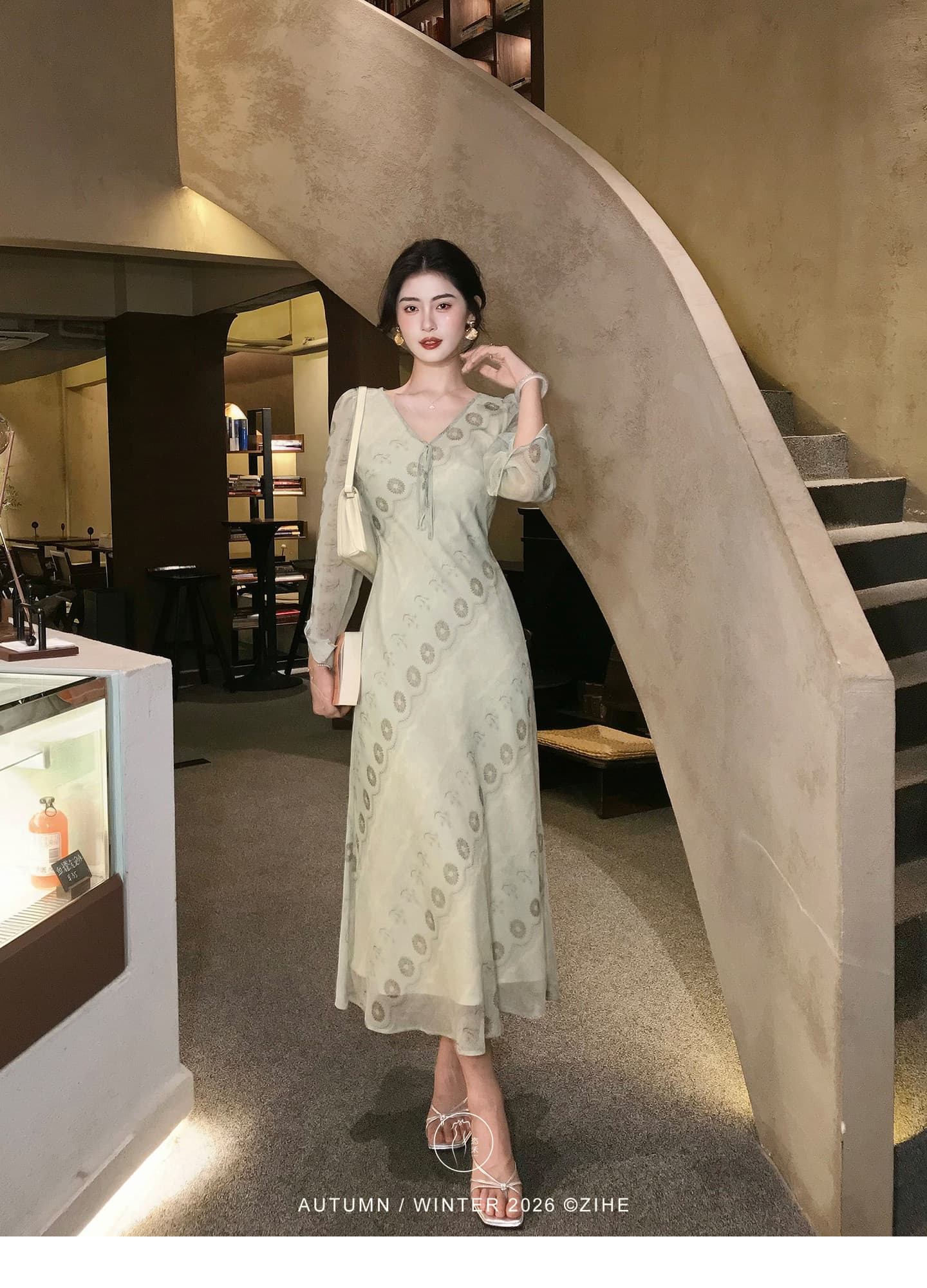 링 茜 거만한 와우 녹색 砚 가을 선 프랑스식 프린트 나팔 소매 여성 드레스 이른 가을 긴팔 허리 수축 한 마디 롱 스커트 상세 이미지 4