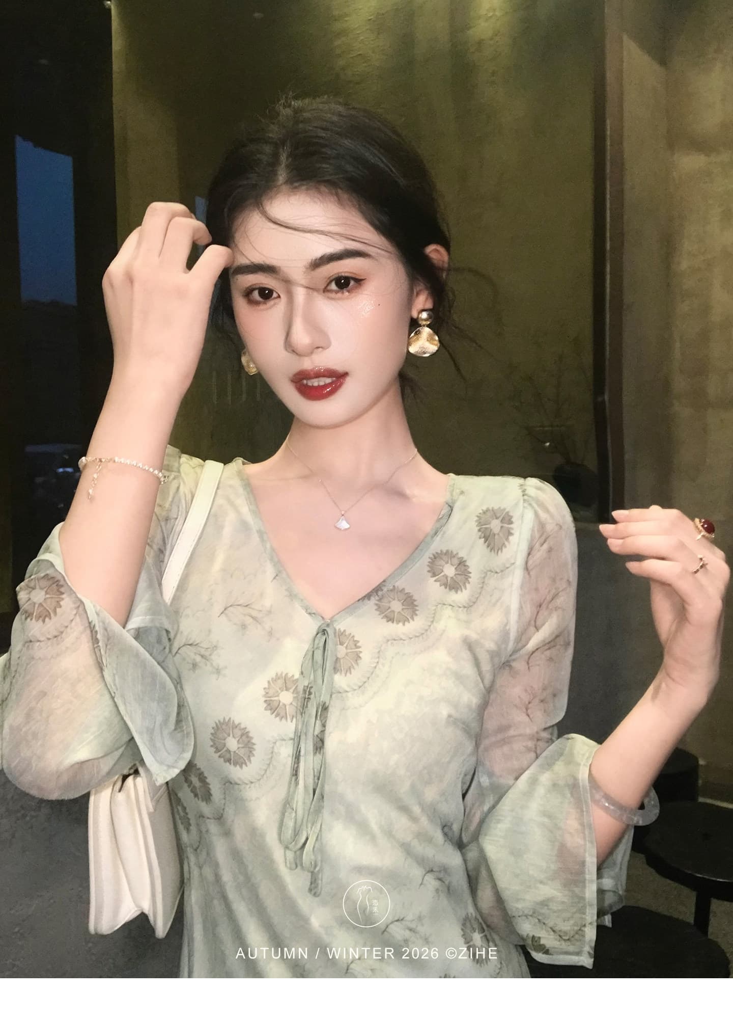 링 茜 거만한 와우 녹색 砚 가을 선 프랑스식 프린트 나팔 소매 여성 드레스 이른 가을 긴팔 허리 수축 한 마디 롱 스커트 상세 이미지 6