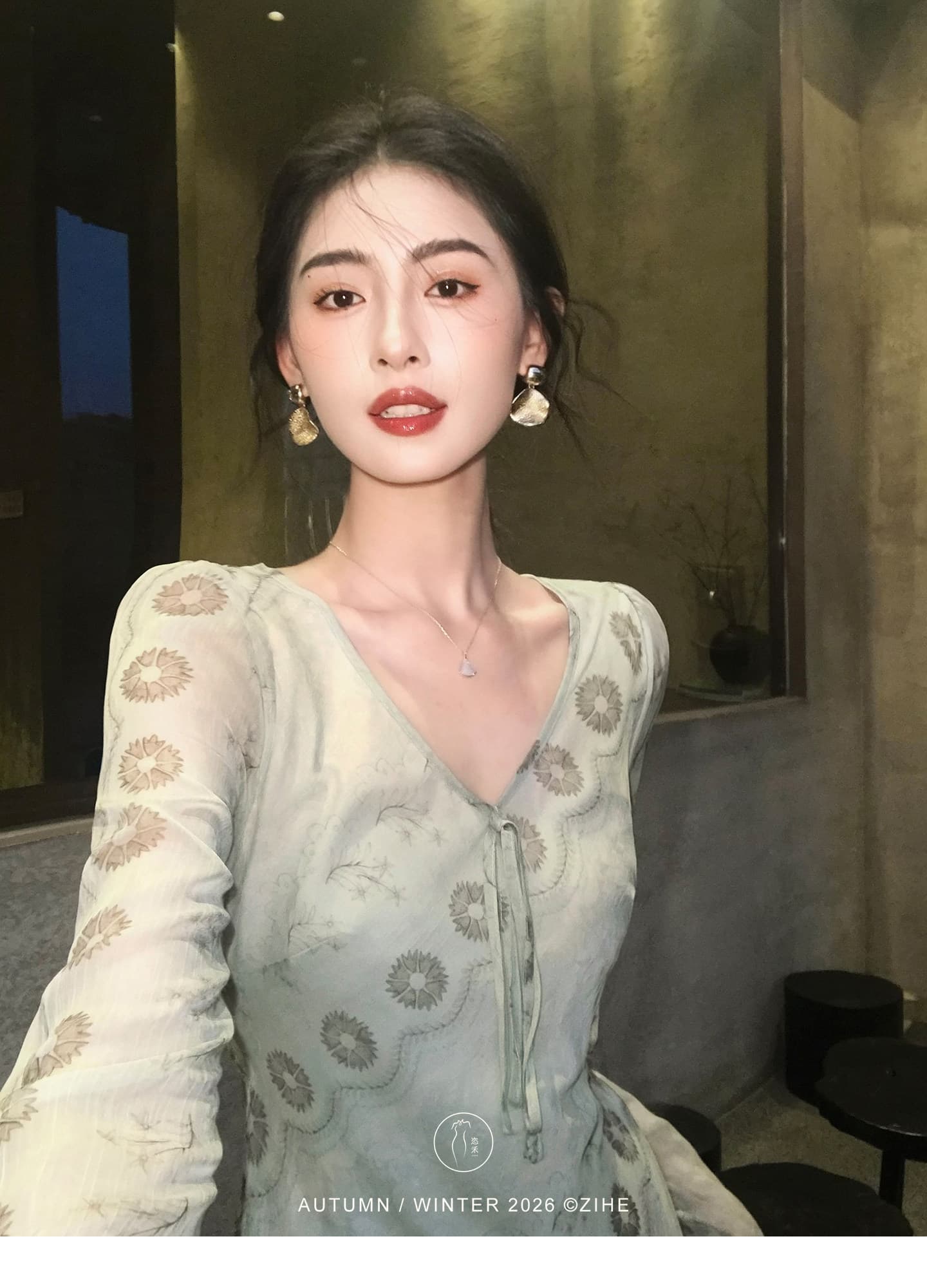 링 茜 거만한 와우 녹색 砚 가을 선 프랑스식 프린트 나팔 소매 여성 드레스 이른 가을 긴팔 허리 수축 한 마디 롱 스커트 상세 이미지 8