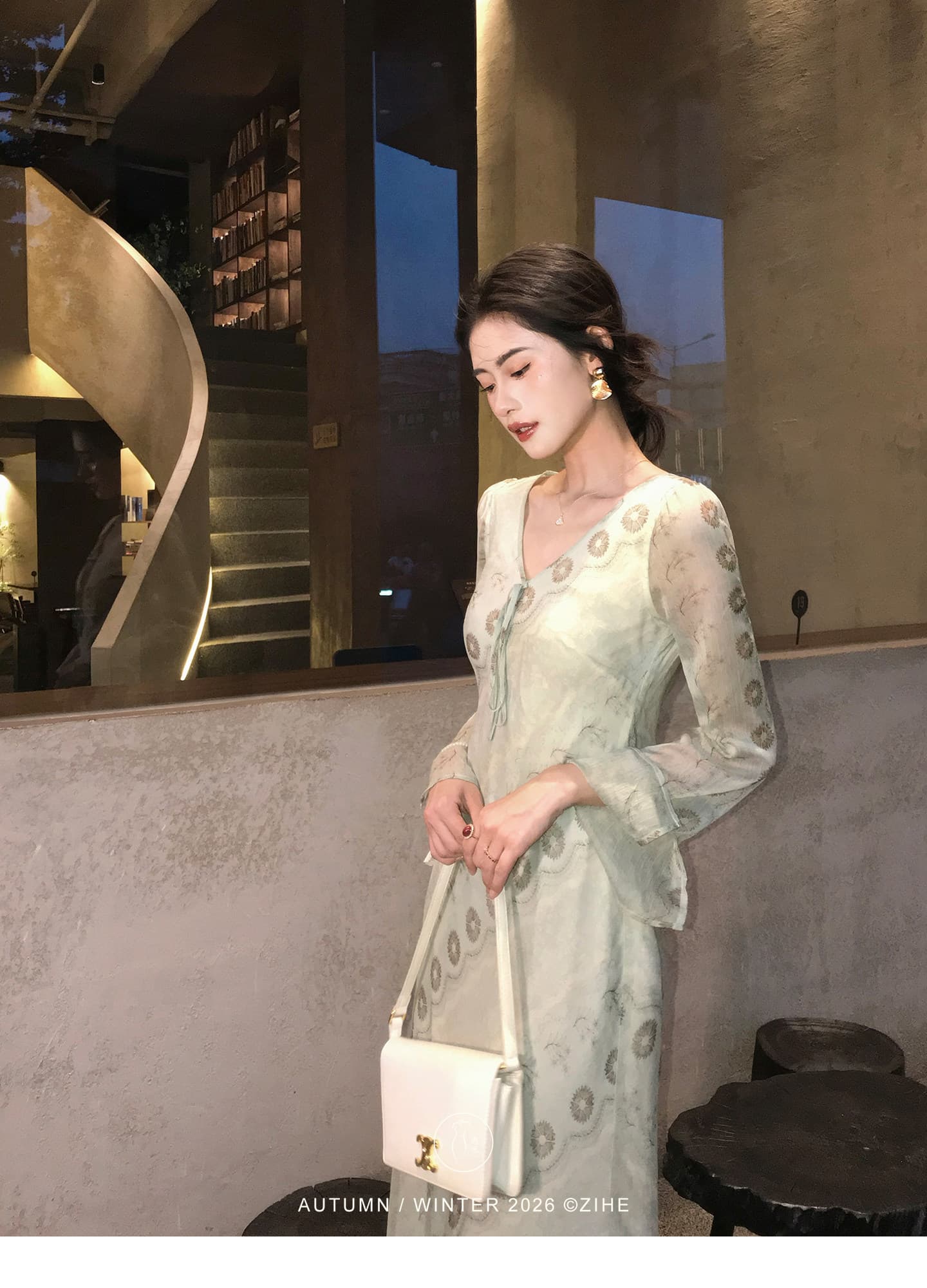 링 茜 거만한 와우 녹색 砚 가을 선 프랑스식 프린트 나팔 소매 여성 드레스 이른 가을 긴팔 허리 수축 한 마디 롱 스커트 상세 이미지 9