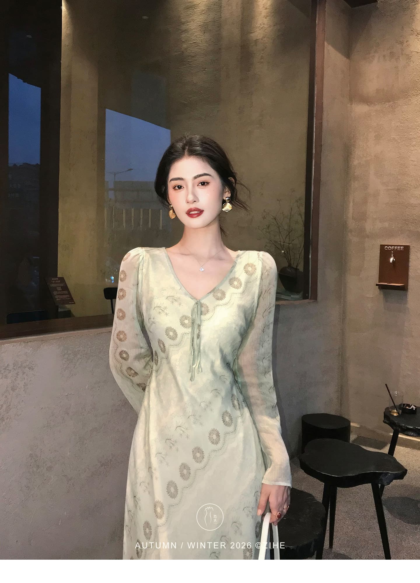 링 茜 거만한 와우 녹색 砚 가을 선 프랑스식 프린트 나팔 소매 여성 드레스 이른 가을 긴팔 허리 수축 한 마디 롱 스커트 상세 이미지 10