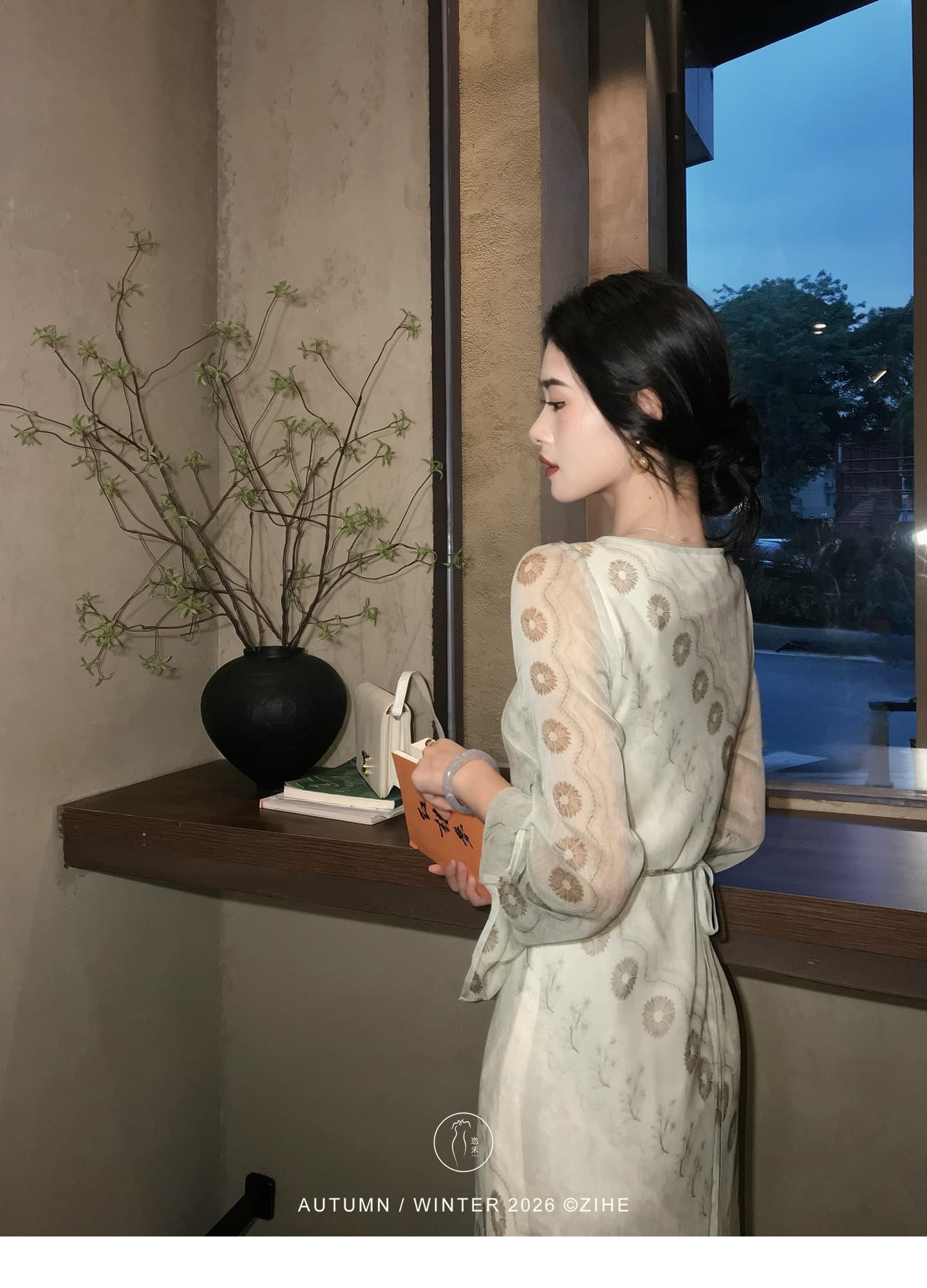 링 茜 거만한 와우 녹색 砚 가을 선 프랑스식 프린트 나팔 소매 여성 드레스 이른 가을 긴팔 허리 수축 한 마디 롱 스커트 상세 이미지 11