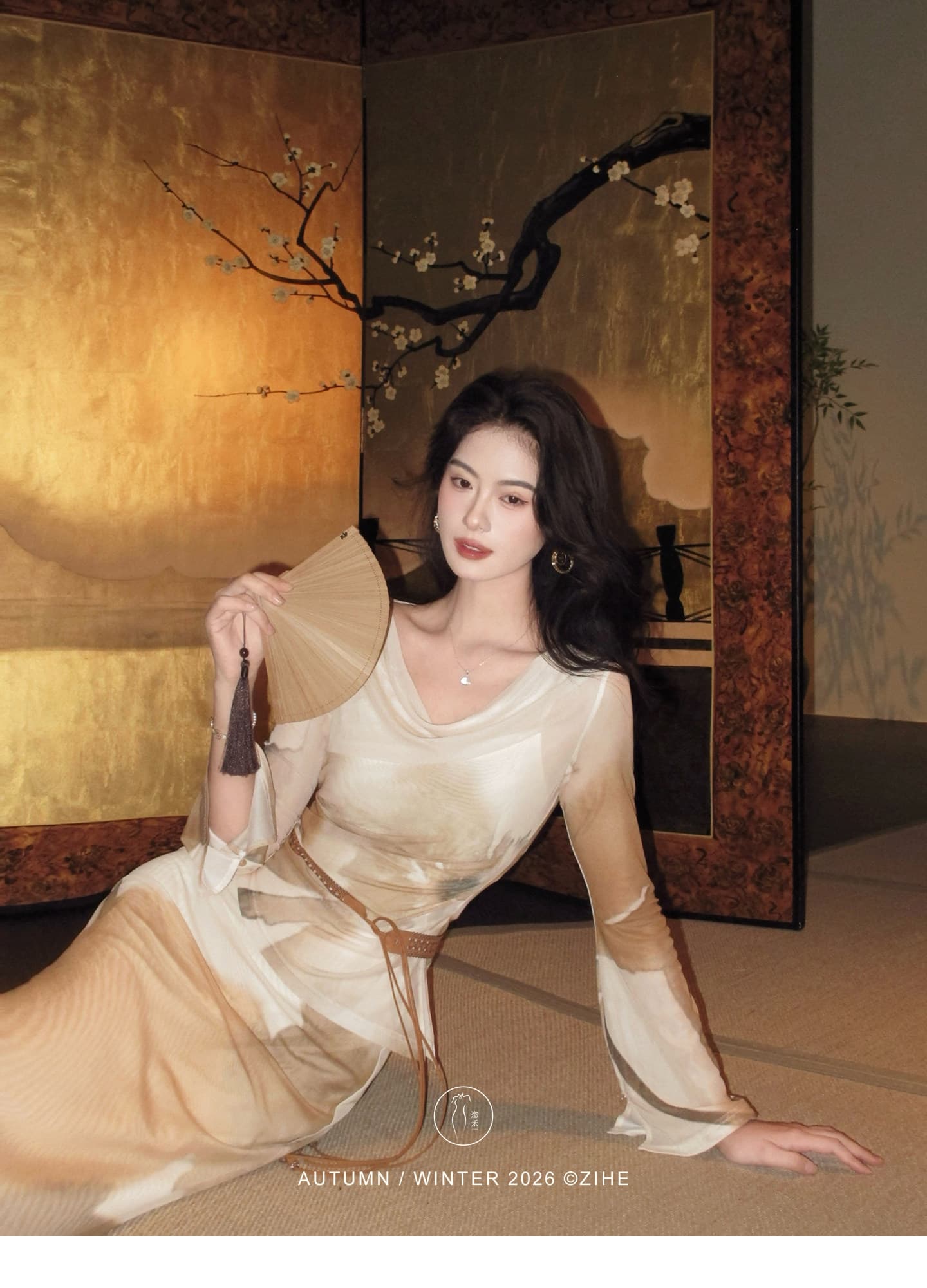 링 茜 거만한 와우 브라운 연기 가을 늦게 프랑스식 니트 프린트 세트 드레스 여성 이른 가을 흔들다 칼라 몸매 가꾸기 맨위 반신 스커트 상세 이미지 10