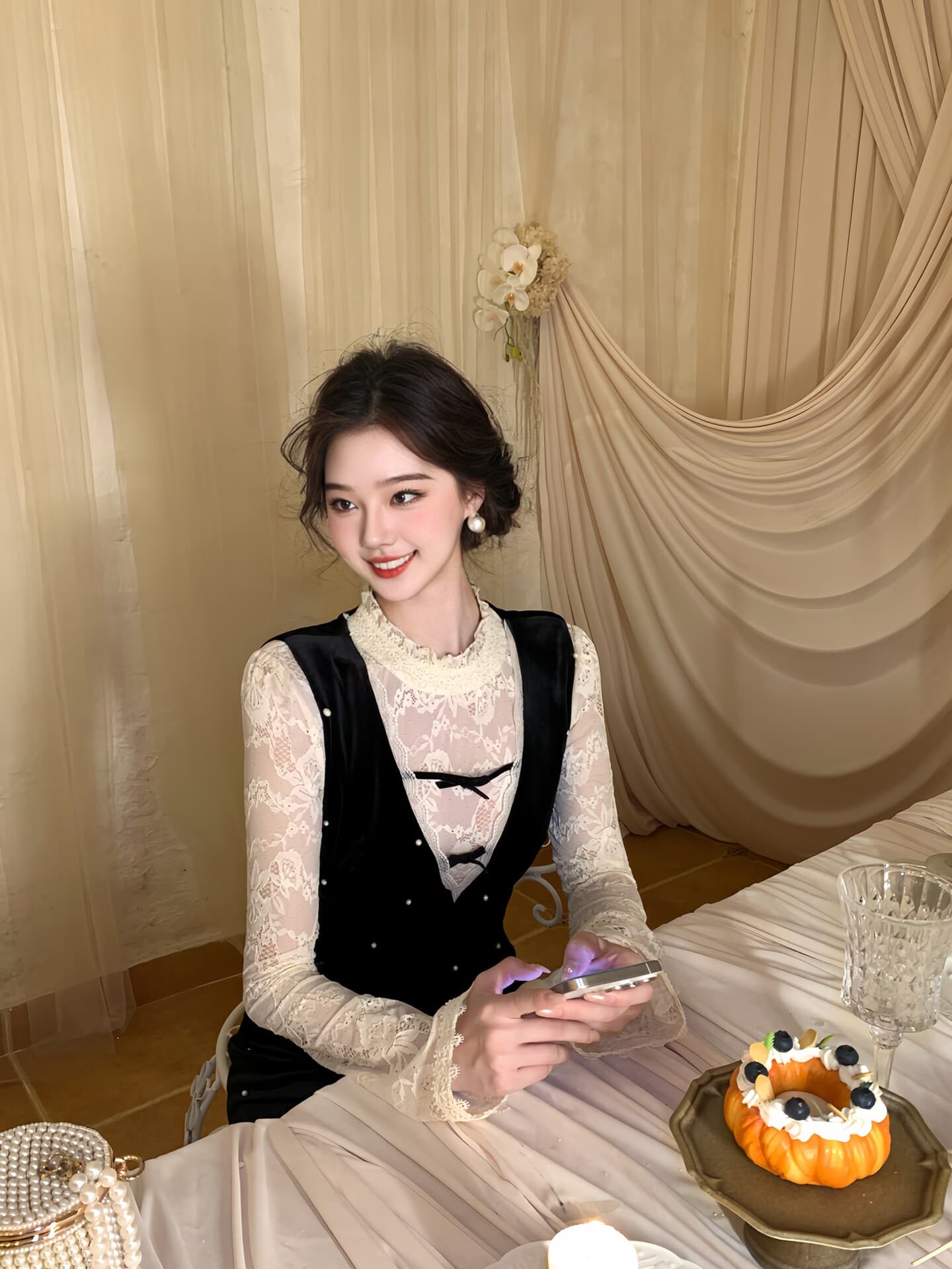 토끼 따뜻한 따뜻한 여신 레이스 니트 맨위 진주 검정색 레트로 허리 수축 여성 드레스 가을 투피스 슈트 이미지 2