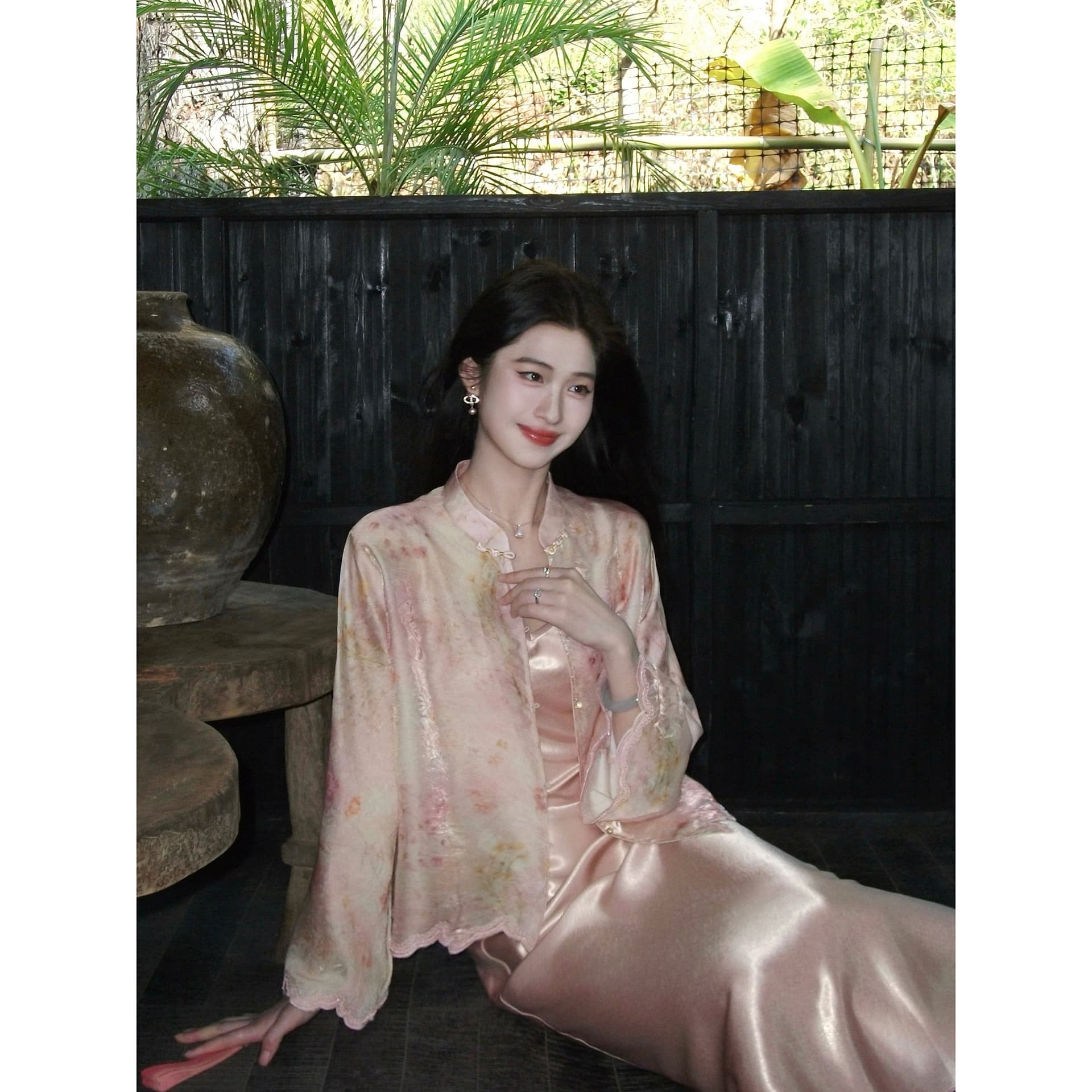 링 茜 거만한 와우 游园 놀라다 새로운 중식 세트 드레스 꽃무늬 여성 코트 이른 가을 새틴 슬립 드레스 이미지 3