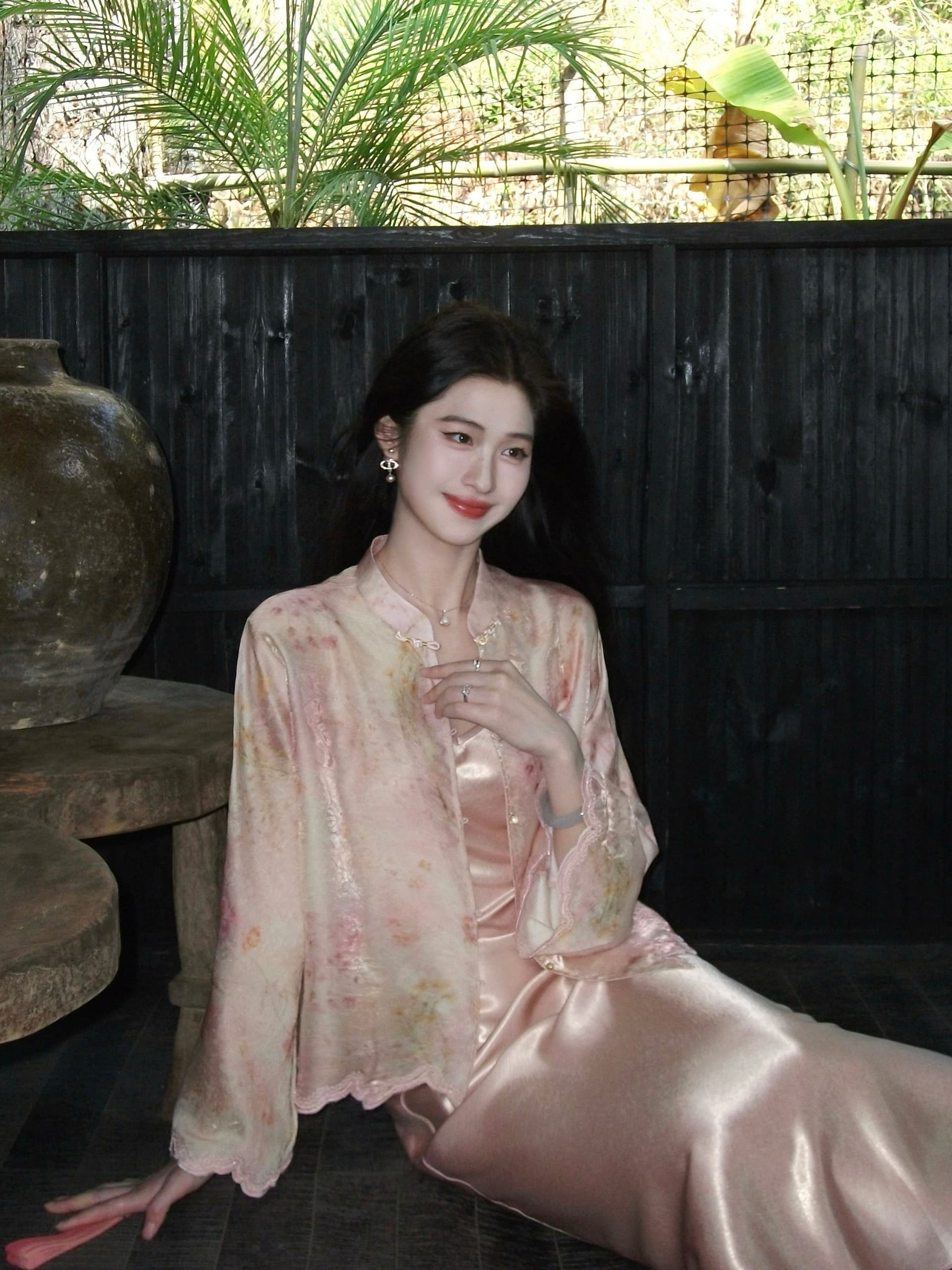 링 茜 거만한 와우 游园 놀라다 새로운 중식 세트 드레스 꽃무늬 여성 코트 이른 가을 새틴 슬립 드레스 상세 이미지 3