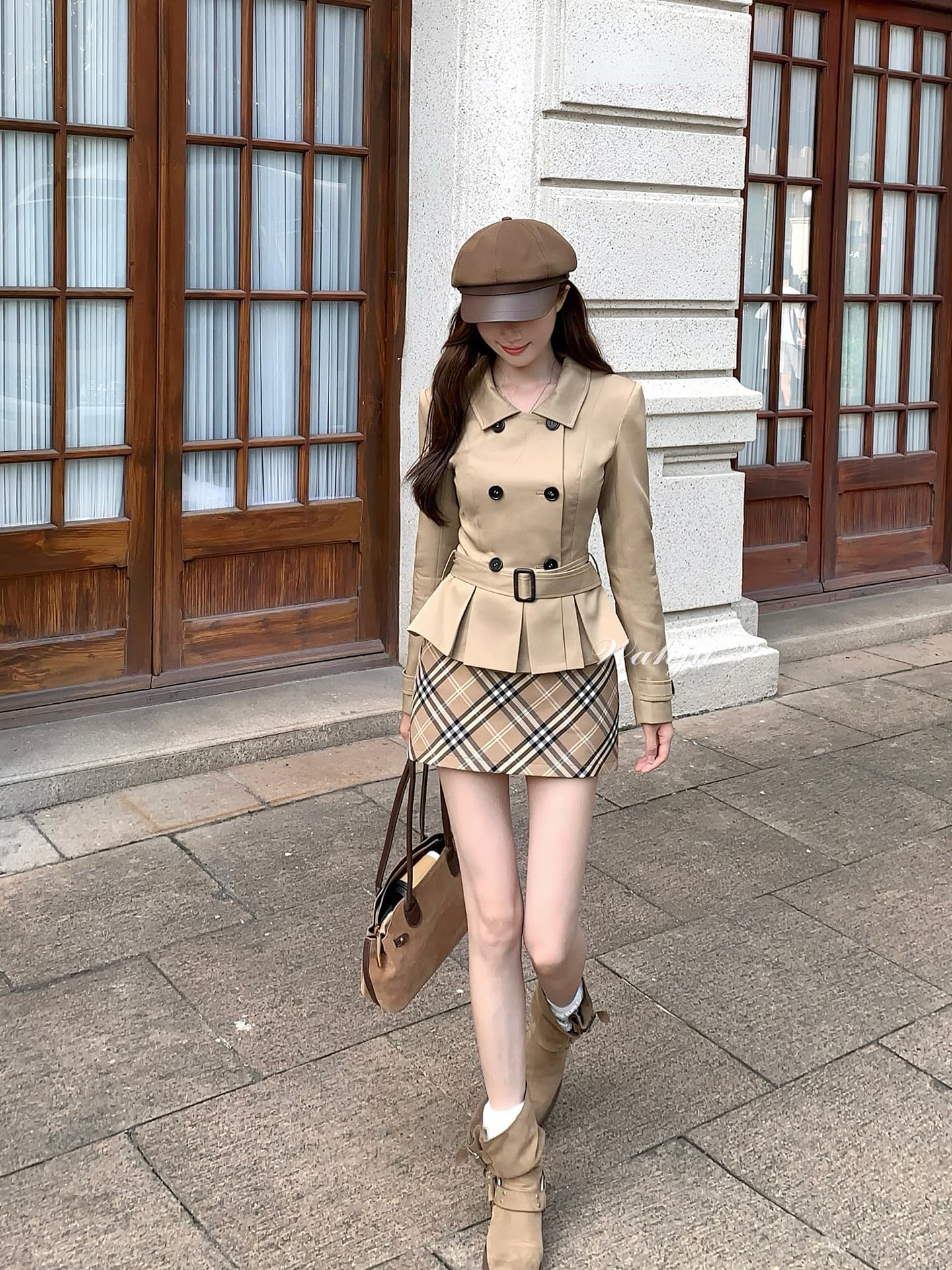 회화 솔루션 wahju 영국식 브라운 남자 이른 가을 레트로 천 골드 품격 폴로 칼라 이중 버튼 재킷 재킷 짧은 스커트 이미지 2