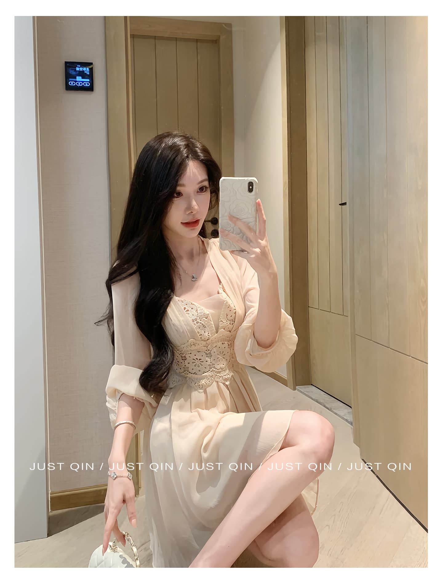 justqin 빛 산소 뒷 정원 2026 새로운 레이스 조각 허리 수축 슬림해 보이는 거품 소매 여성 드레스 상세 이미지 10