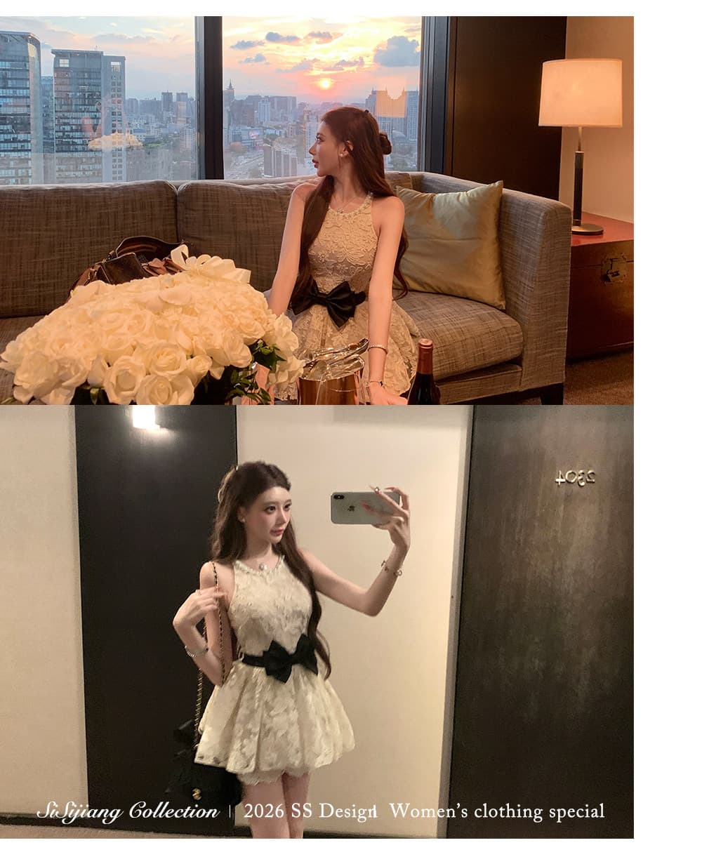 sisi jiang 우아함 마음 천 골드 부드러운 품격 레이스 나비 매듭 행침 목 드레스 타이트 스커트 상세 이미지 6