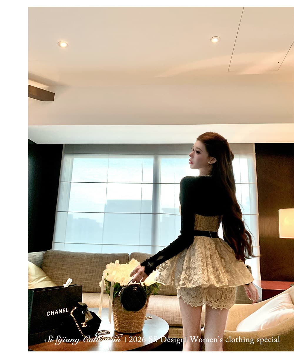 sisi jiang 우아함 마음 천 골드 부드러운 품격 레이스 나비 매듭 행침 목 드레스 타이트 스커트 상세 이미지 12
