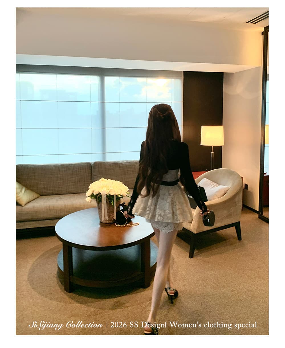 sisi jiang 우아함 마음 천 골드 부드러운 품격 레이스 나비 매듭 행침 목 드레스 타이트 스커트 상세 이미지 14
