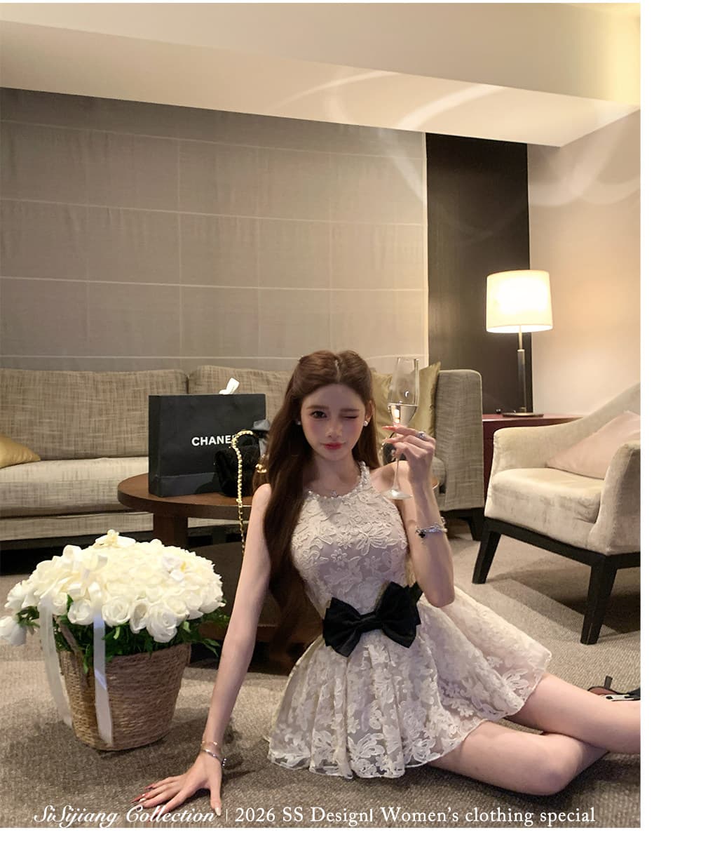 sisi jiang 우아함 마음 천 골드 부드러운 품격 레이스 나비 매듭 행침 목 드레스 타이트 스커트 상세 이미지 16