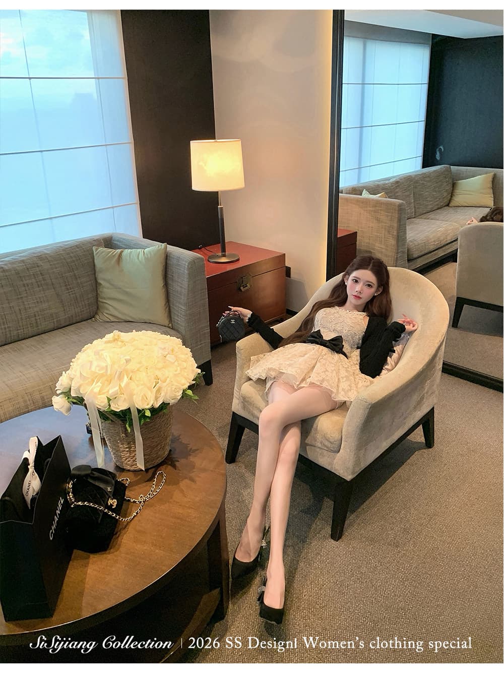 sisi jiang 우아함 마음 천 골드 부드러운 품격 레이스 나비 매듭 행침 목 드레스 타이트 스커트 상세 이미지 20