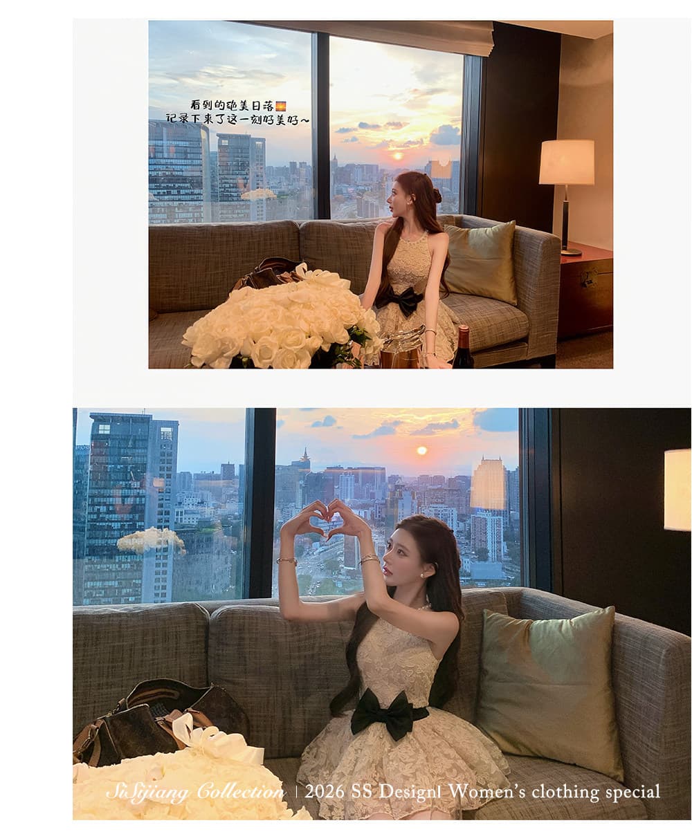 sisi jiang 우아함 마음 천 골드 부드러운 품격 레이스 나비 매듭 행침 목 드레스 타이트 스커트 상세 이미지 21