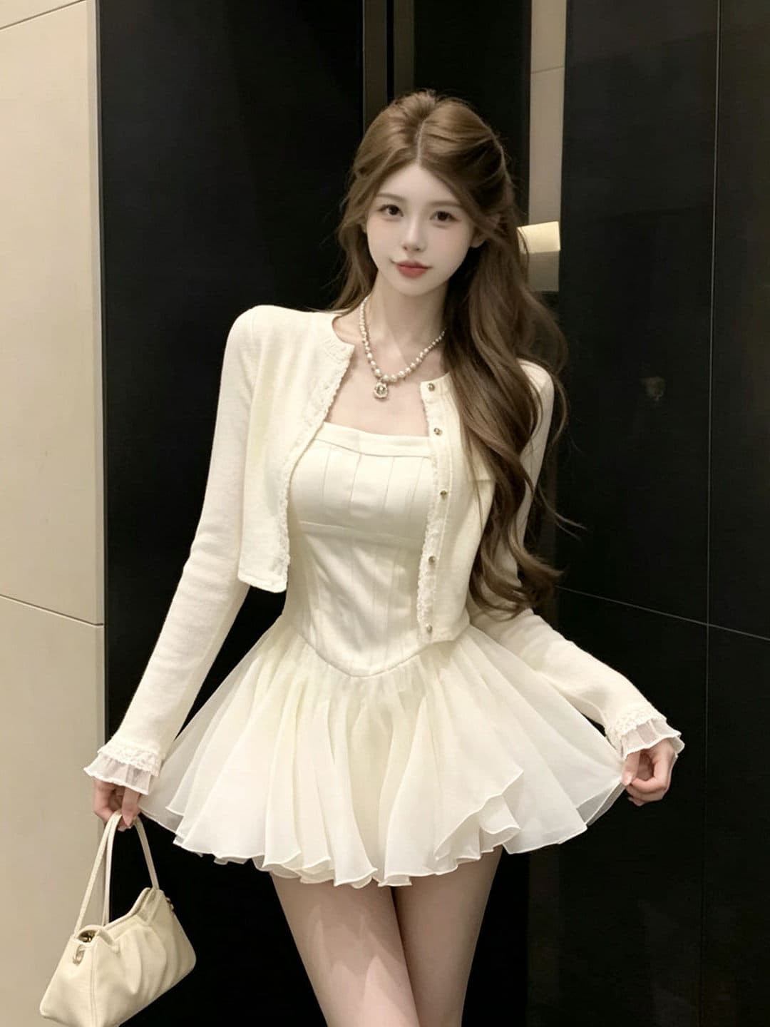 프랑스식 달콤함 슬림해 보이는 슬립 드레스 경기 오픈 가디건 작은 외부 가져 가라. 여성 가을 특별 아름다운 꼬집기 허리 퍼프 작은 치마 세트 이미지 3