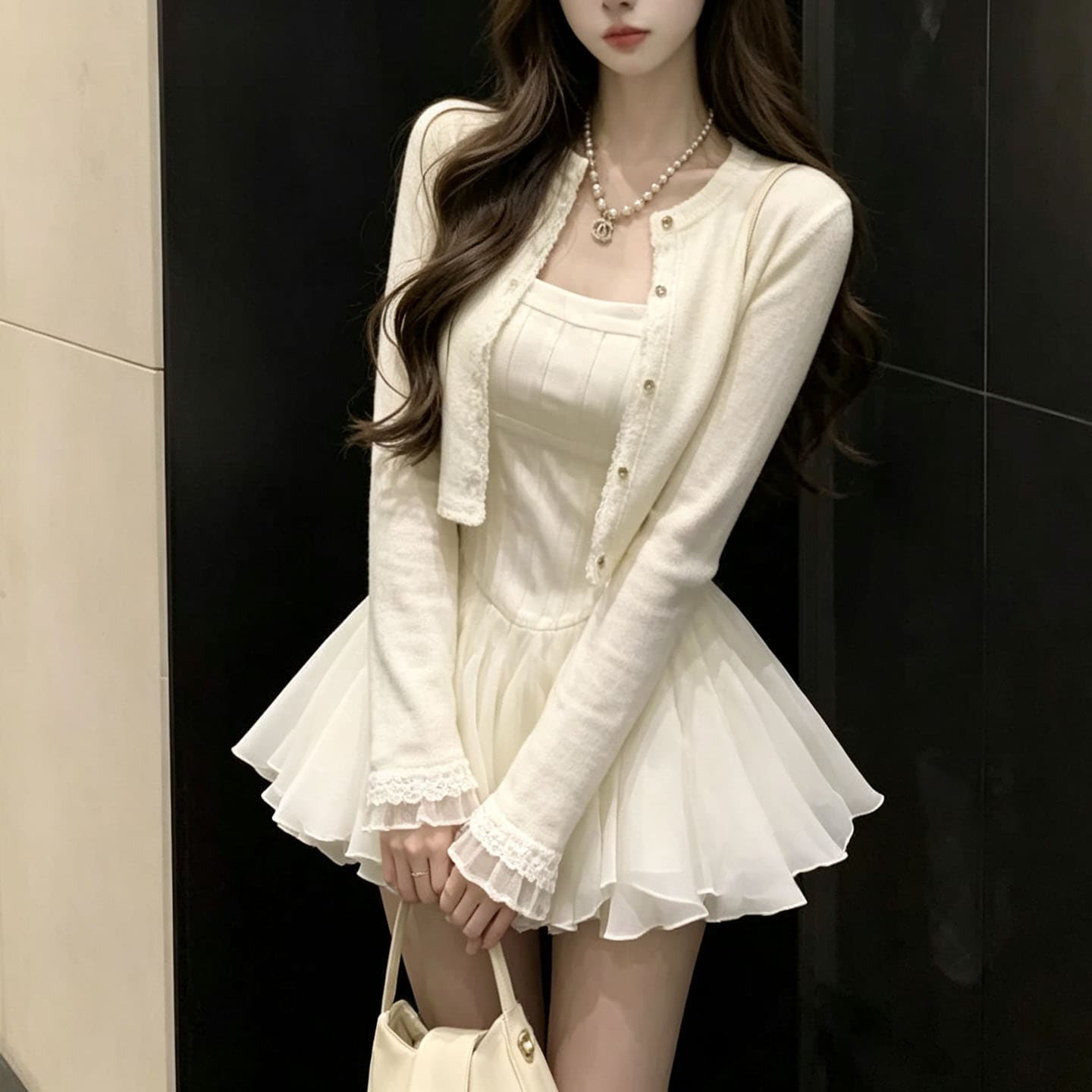 프랑스식 달콤함 슬림해 보이는 슬립 드레스 경기 오픈 가디건 작은 외부 가져 가라. 여성 가을 특별 아름다운 꼬집기 허리 퍼프 작은 치마 세트 상세 이미지 3