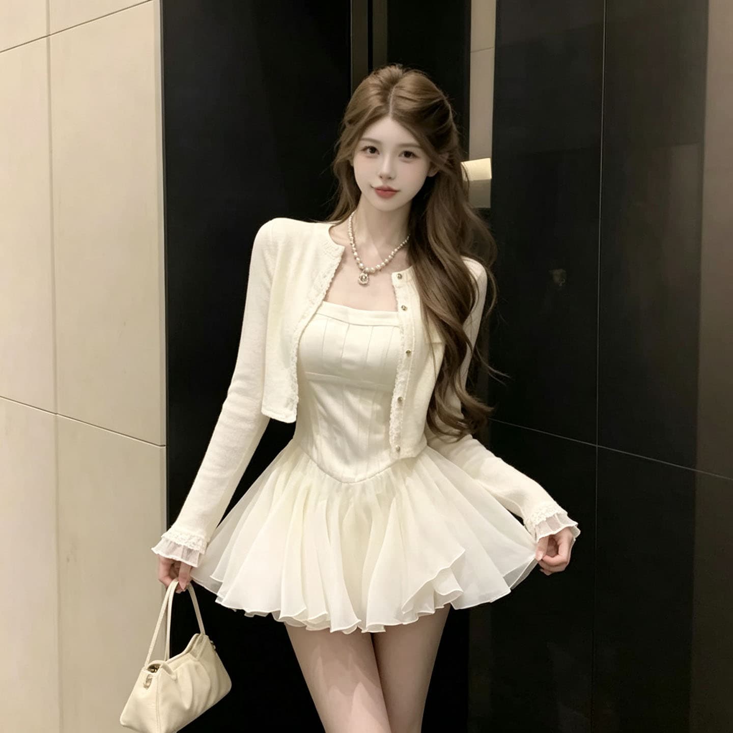 프랑스식 달콤함 슬림해 보이는 슬립 드레스 경기 오픈 가디건 작은 외부 가져 가라. 여성 가을 특별 아름다운 꼬집기 허리 퍼프 작은 치마 세트 상세 이미지 5