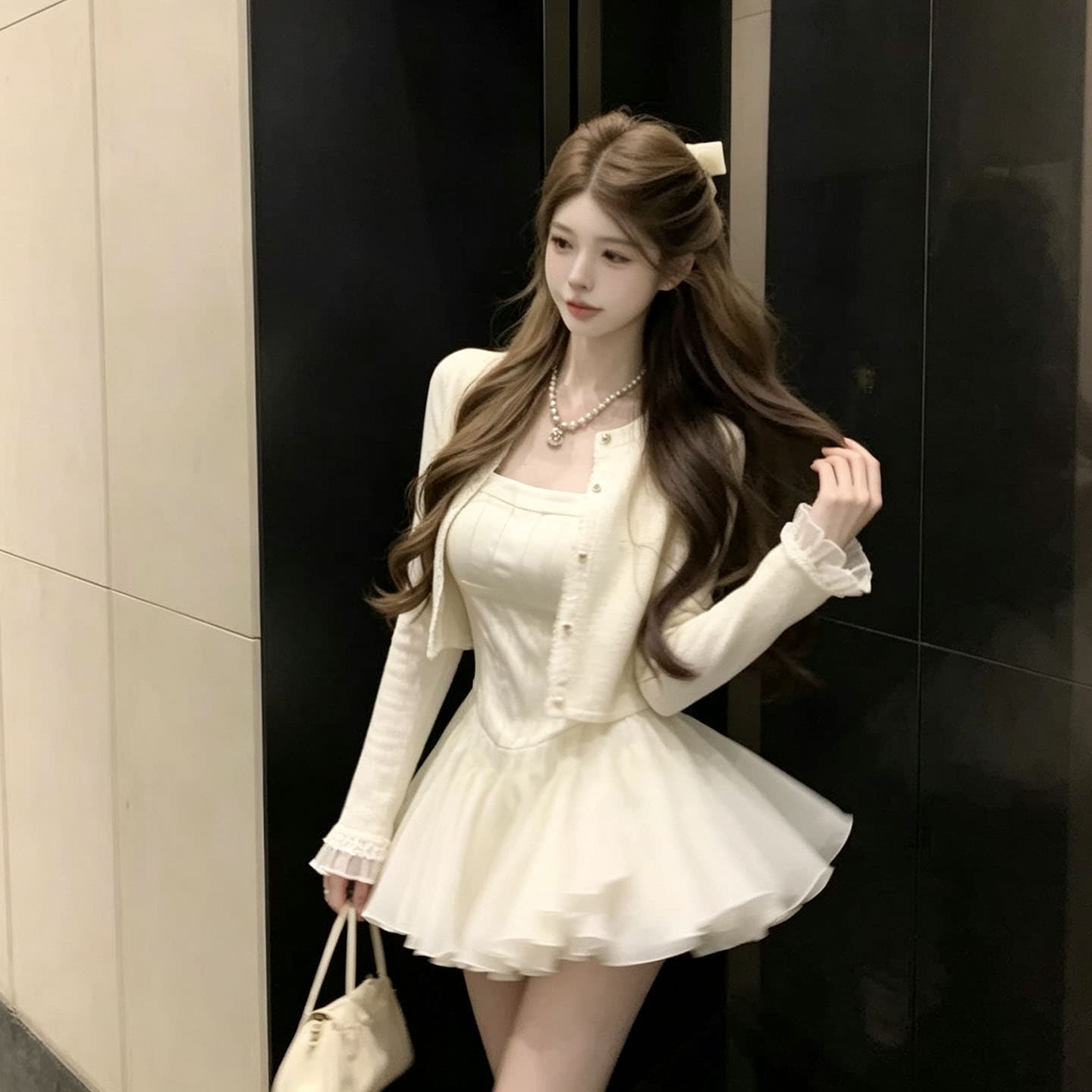 프랑스식 달콤함 슬림해 보이는 슬립 드레스 경기 오픈 가디건 작은 외부 가져 가라. 여성 가을 특별 아름다운 꼬집기 허리 퍼프 작은 치마 세트 상세 이미지 8