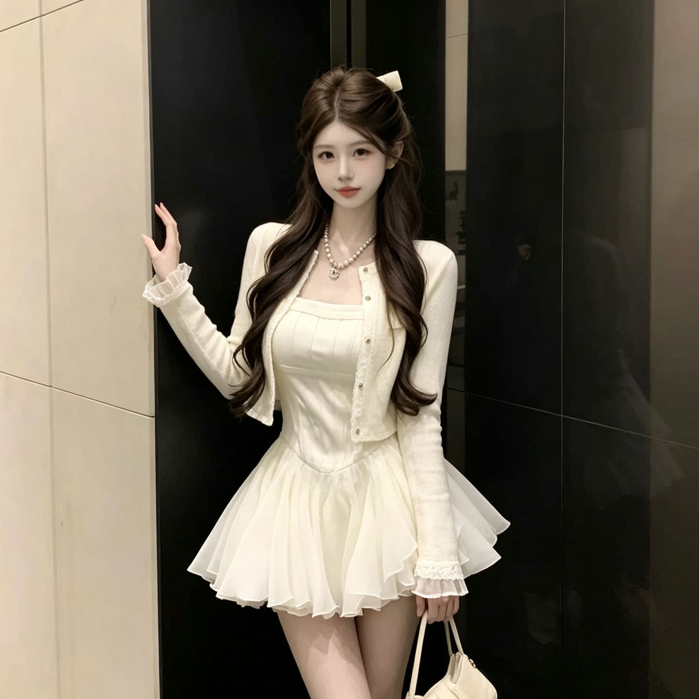 프랑스식 달콤함 슬림해 보이는 슬립 드레스 경기 오픈 가디건 작은 외부 가져 가라. 여성 가을 특별 아름다운 꼬집기 허리 퍼프 작은 치마 세트 상세 이미지 9