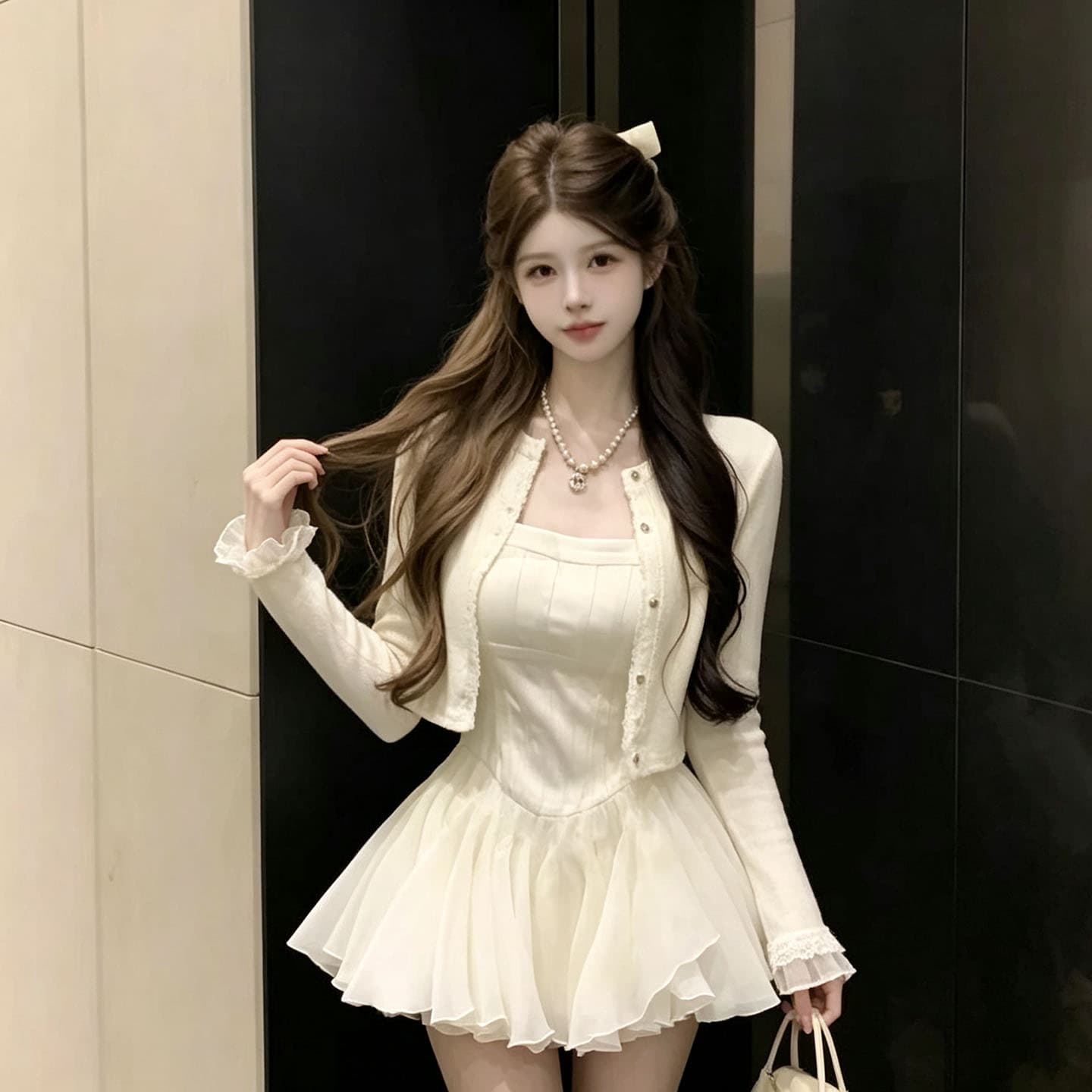 프랑스식 달콤함 슬림해 보이는 슬립 드레스 경기 오픈 가디건 작은 외부 가져 가라. 여성 가을 특별 아름다운 꼬집기 허리 퍼프 작은 치마 세트 상세 이미지 10