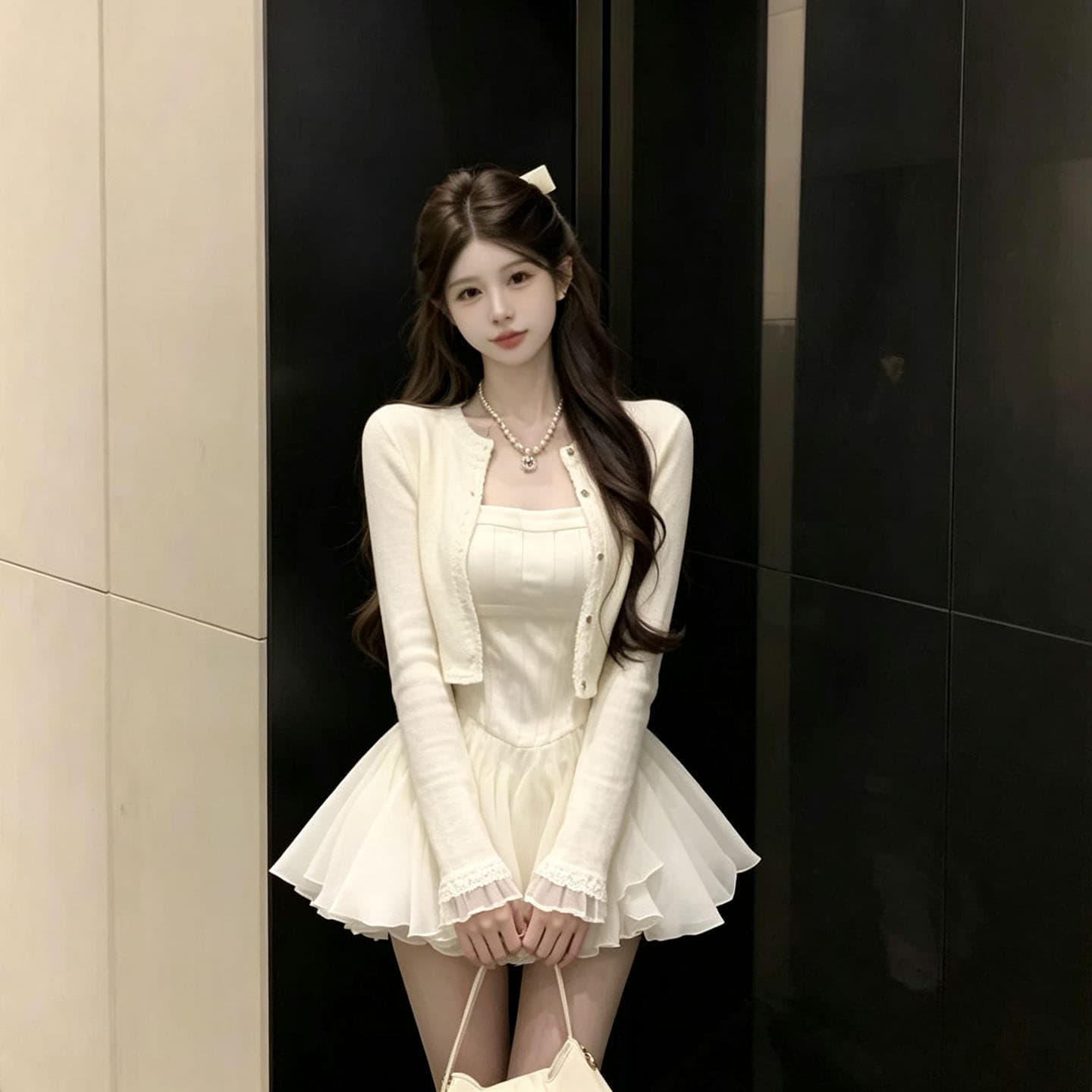 프랑스식 달콤함 슬림해 보이는 슬립 드레스 경기 오픈 가디건 작은 외부 가져 가라. 여성 가을 특별 아름다운 꼬집기 허리 퍼프 작은 치마 세트 상세 이미지 11