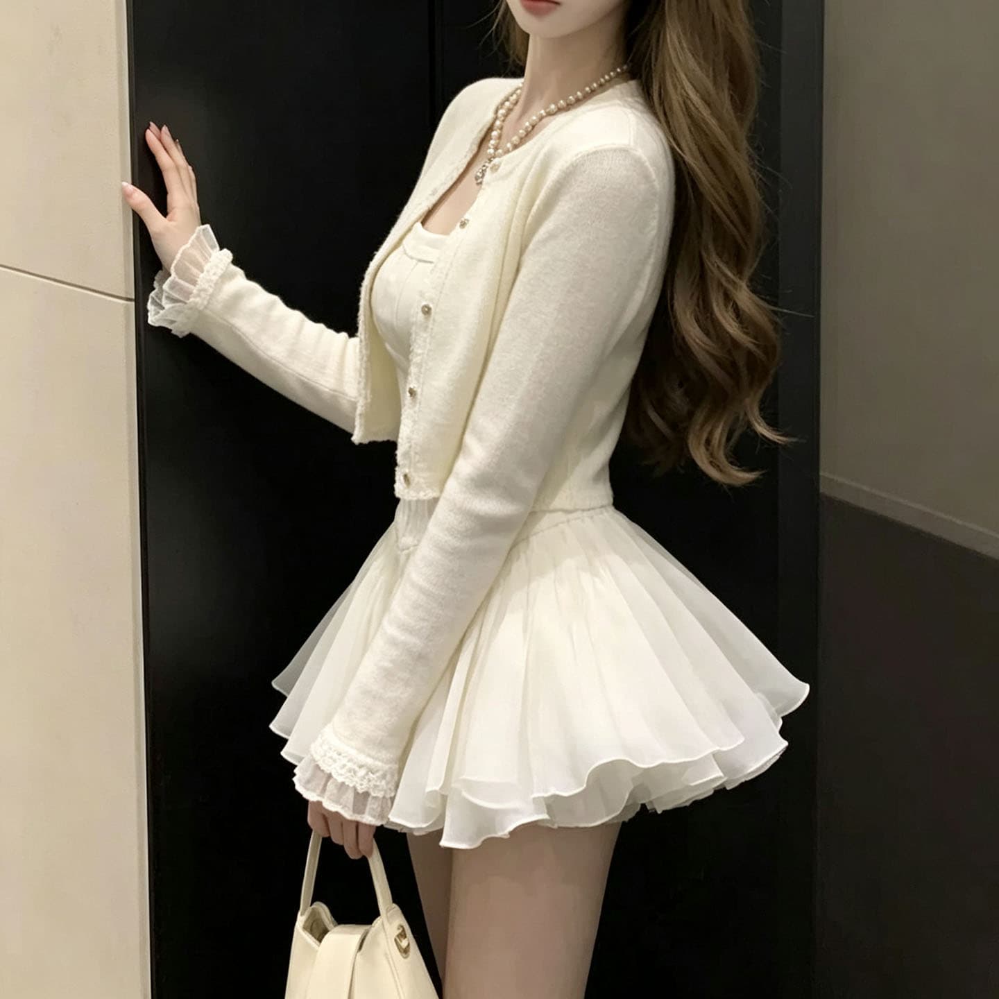프랑스식 달콤함 슬림해 보이는 슬립 드레스 경기 오픈 가디건 작은 외부 가져 가라. 여성 가을 특별 아름다운 꼬집기 허리 퍼프 작은 치마 세트 상세 이미지 15