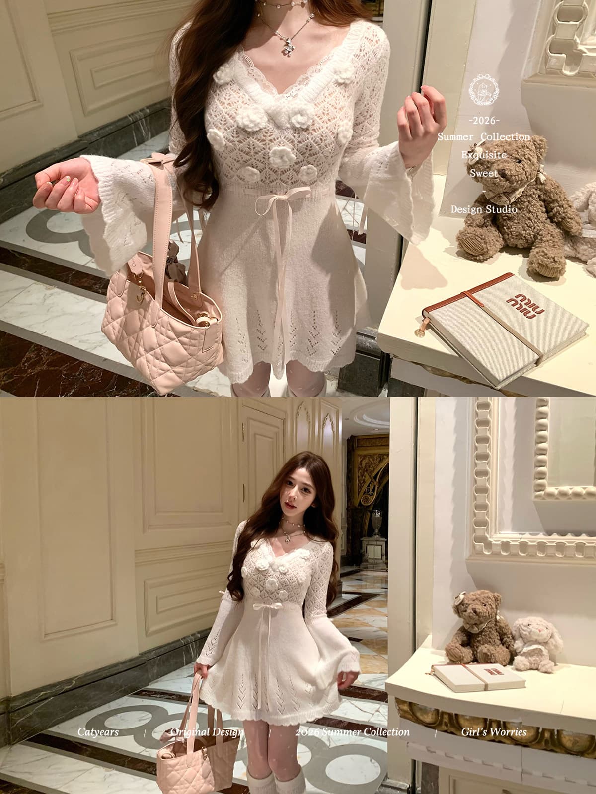 catyears 고양이 년 사탕 인형 부드러운 흐릿한 센스 3 차원 꽃 순수한 욕망 홀로우 아웃 니트 원피스 드레스 상세 이미지 5