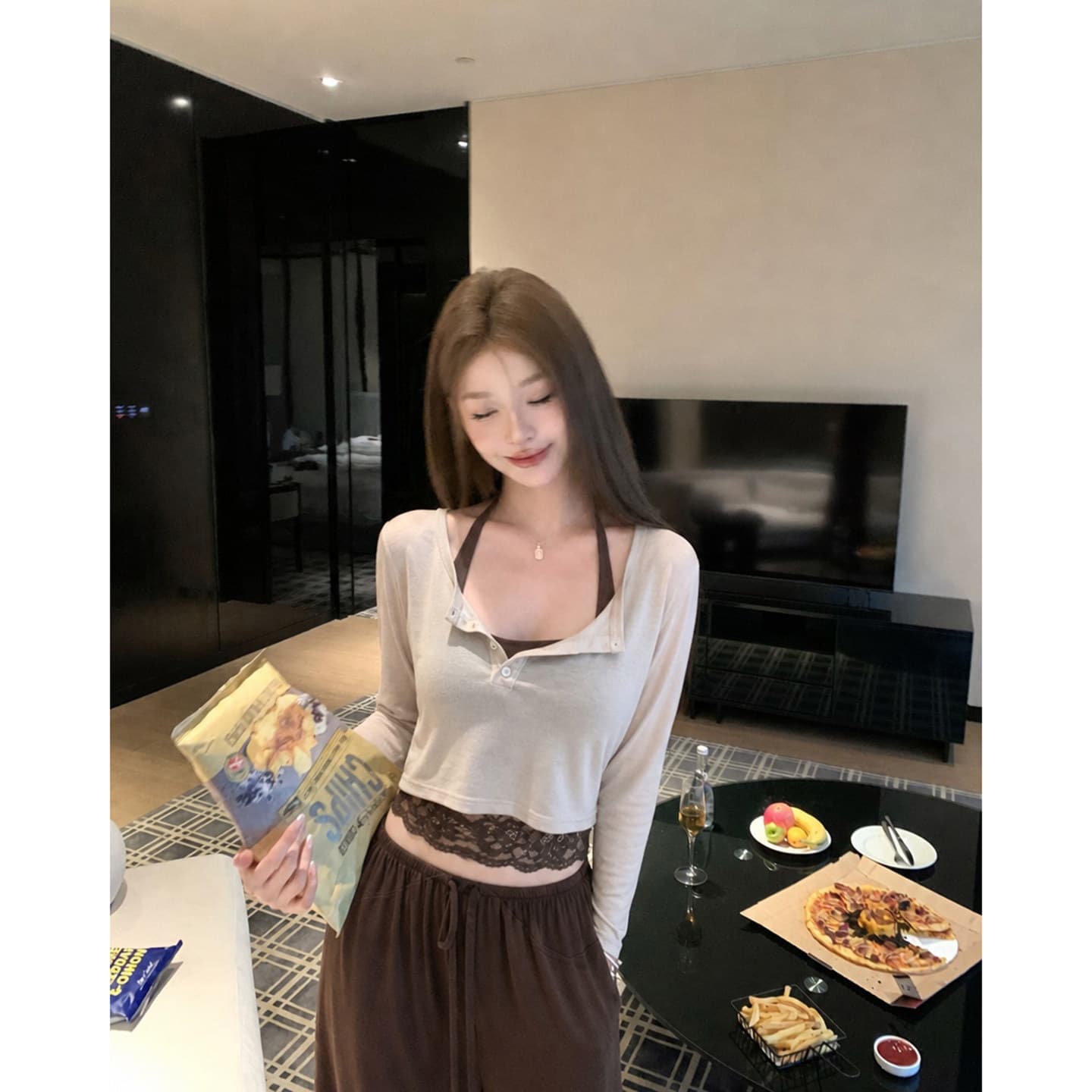 itookgiii 오후 여가 시리아 레이스 측면 길이 소매 티셔츠 여성 이른 가을 느긋한 몸매 가꾸기 슬림해 보이는 맨위 세트 이미지 2