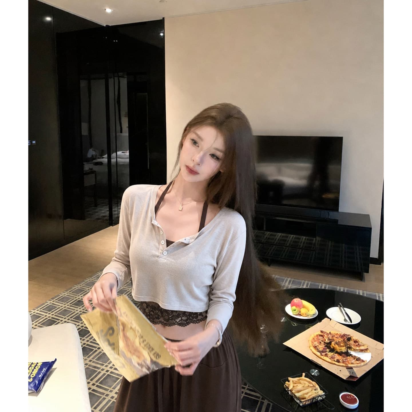 itookgiii 오후 여가 시리아 레이스 측면 길이 소매 티셔츠 여성 이른 가을 느긋한 몸매 가꾸기 슬림해 보이는 맨위 세트 이미지 3