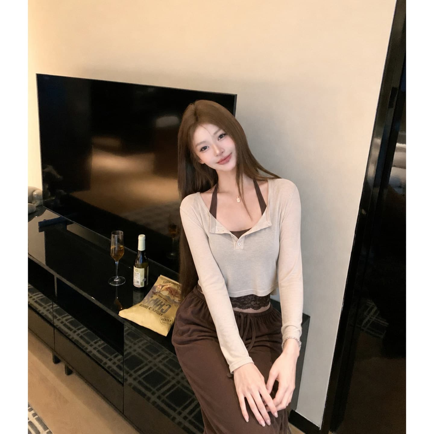 itookgiii 오후 여가 시리아 레이스 측면 길이 소매 티셔츠 여성 이른 가을 느긋한 몸매 가꾸기 슬림해 보이는 맨위 세트