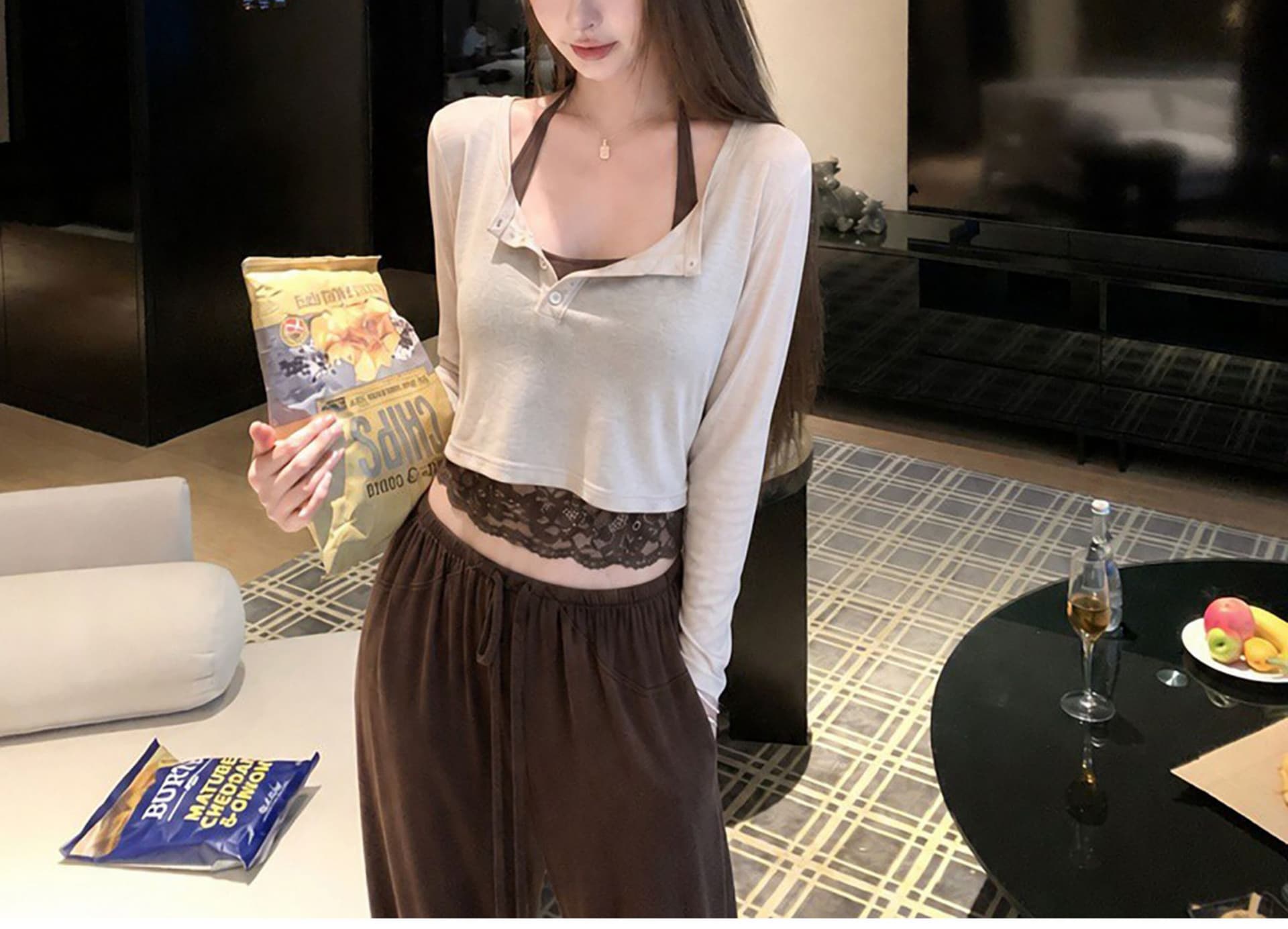 itookgiii 오후 여가 시리아 레이스 측면 길이 소매 티셔츠 여성 이른 가을 느긋한 몸매 가꾸기 슬림해 보이는 맨위 세트 상세 이미지 7