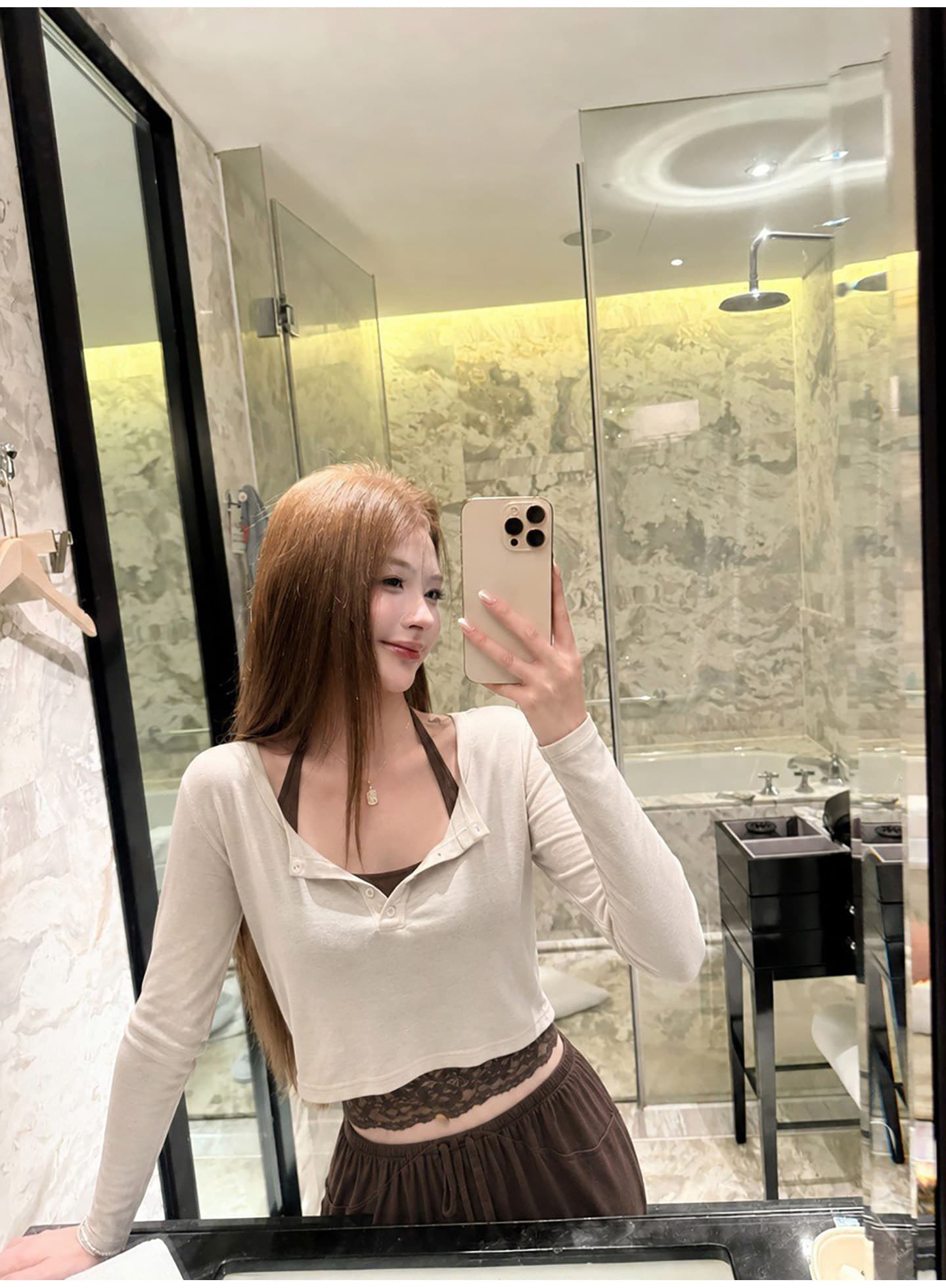 itookgiii 오후 여가 시리아 레이스 측면 길이 소매 티셔츠 여성 이른 가을 느긋한 몸매 가꾸기 슬림해 보이는 맨위 세트 상세 이미지 8