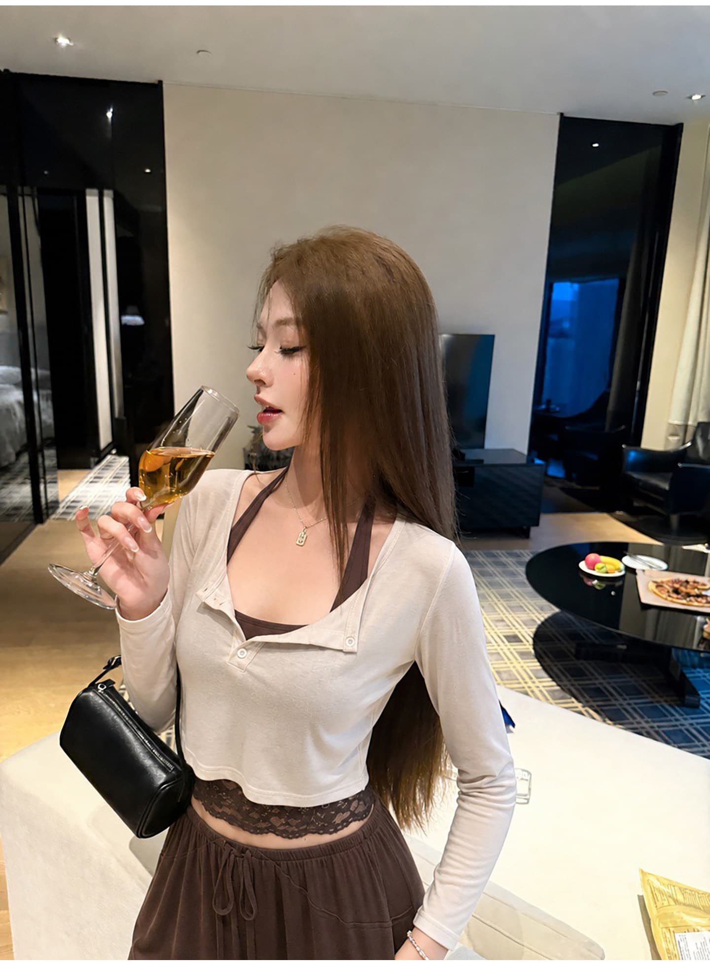 itookgiii 오후 여가 시리아 레이스 측면 길이 소매 티셔츠 여성 이른 가을 느긋한 몸매 가꾸기 슬림해 보이는 맨위 세트 상세 이미지 9