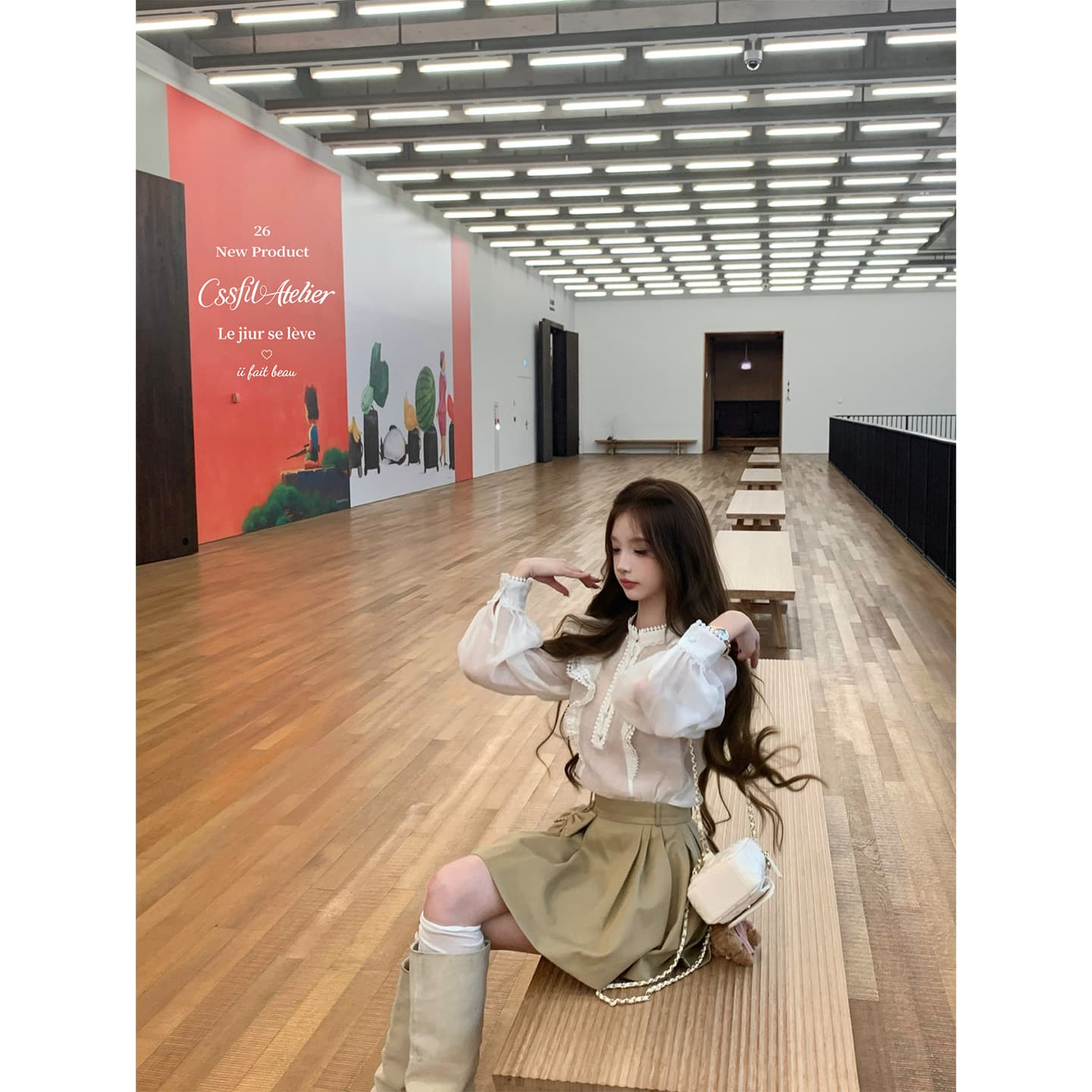 늦게 우산 우산 26 ss 질감 어형 변화표 자수 칼라 이중 버튼 짧은 재킷 재킷 자수 나비 매듭 반 스커트 이미지 3