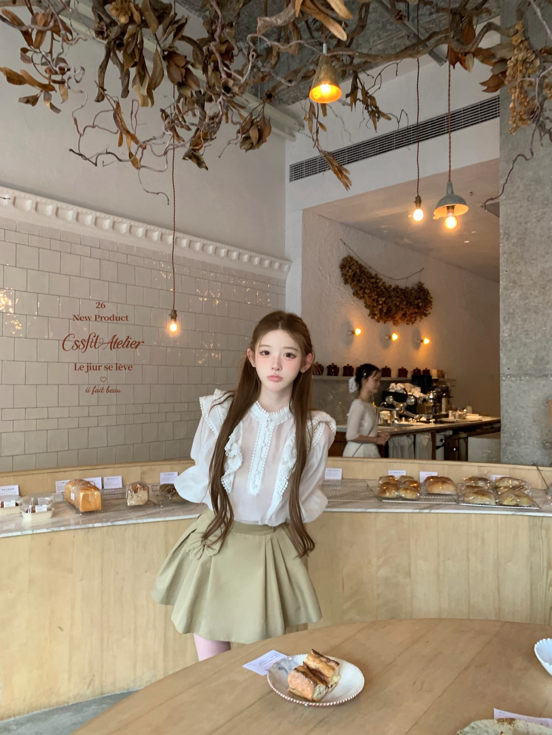 늦게 우산 우산 26 ss 질감 어형 변화표 자수 칼라 이중 버튼 짧은 재킷 재킷 자수 나비 매듭 반 스커트 상세 이미지 10
